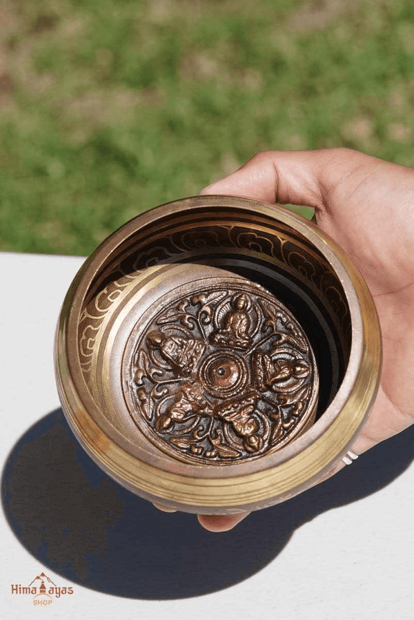 Mini singing bowl with Pancha buddha or 5 Buddha mandala hand carved for sound healing and meditation