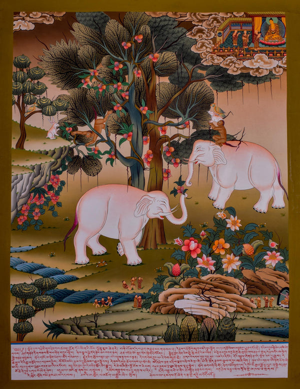 4 Harmonious friend - Elephant , Monkey, rabbit, elephant thangka painting on cotton canvas wall hanging