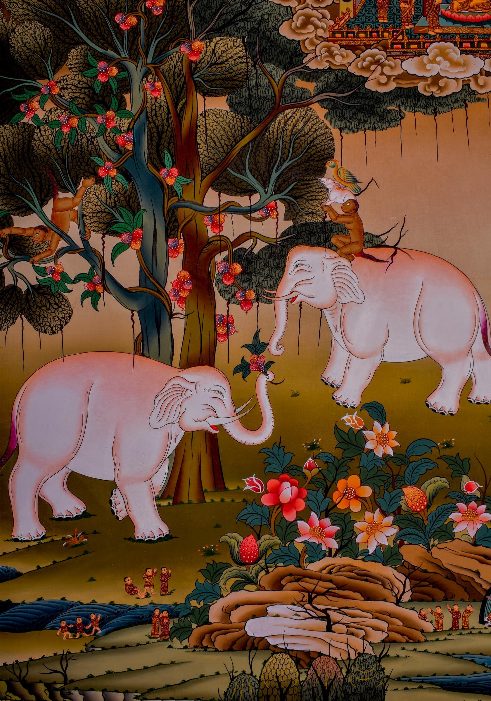 4 Harmonious friend - Elephant , Monkey, rabbit, elephant thangka painting on cotton canvas wall hanging