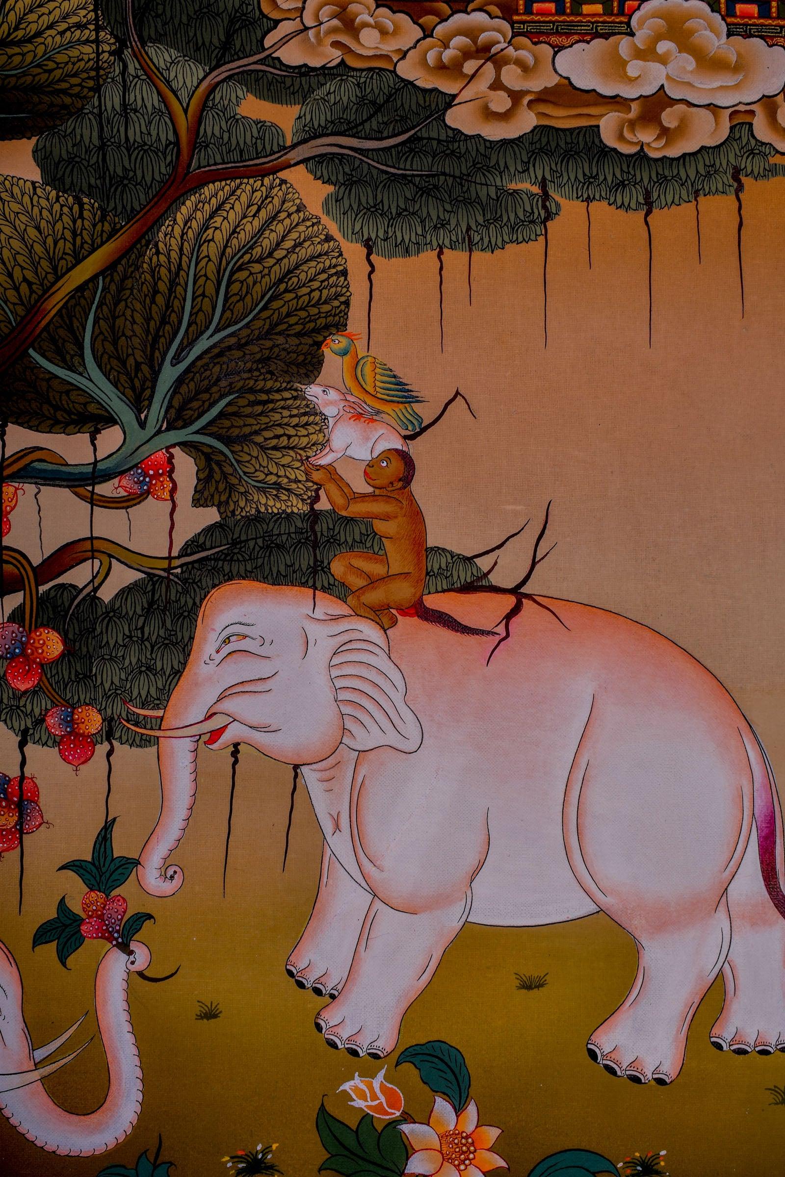 4 Harmonious friend - Elephant , Monkey, rabbit, elephant thangka painting on cotton canvas wall hanging