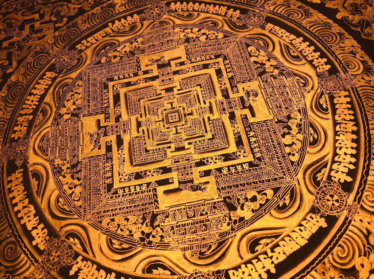 Kalchakra Mandala Black and Gold Thangka painting for wall hanging art