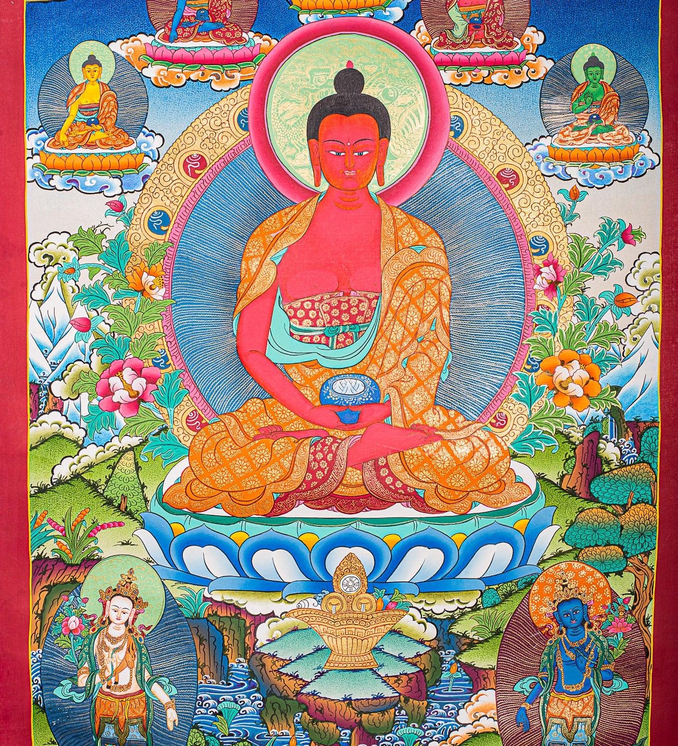Amitabha Buddha Thangka painting on canvas with pancha buddha ( 5 Buddha) Tibetan Art