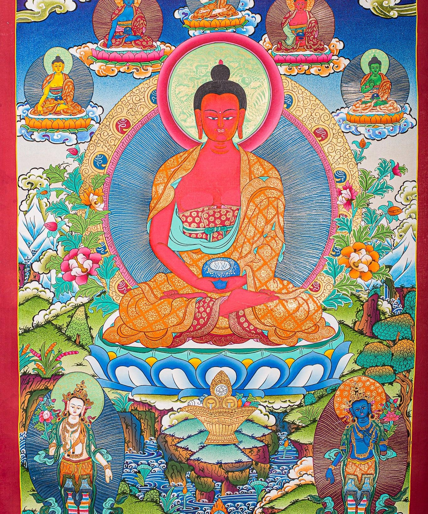 Amitabha Buddha Thangka painting on canvas with pancha buddha ( 5 Buddha) Tibetan Art