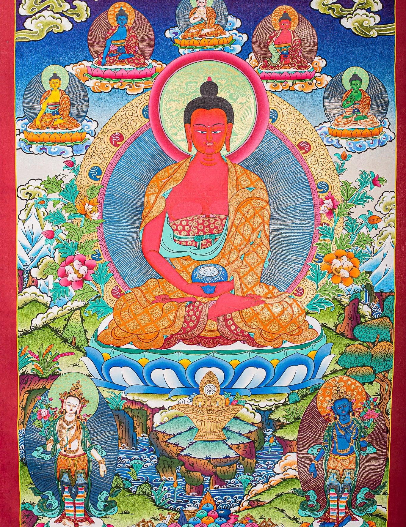 Amitabha Buddha Thangka painting on canvas with pancha buddha ( 5 Buddha) Tibetan Art