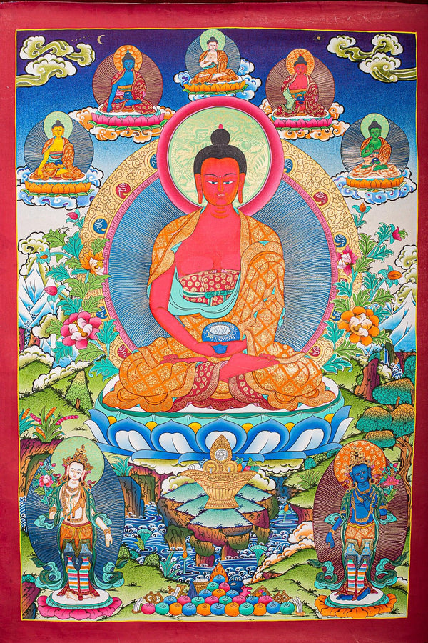 Amitabha Buddha Thangka painting on canvas with pancha buddha ( 5 Buddha) Tibetan Art