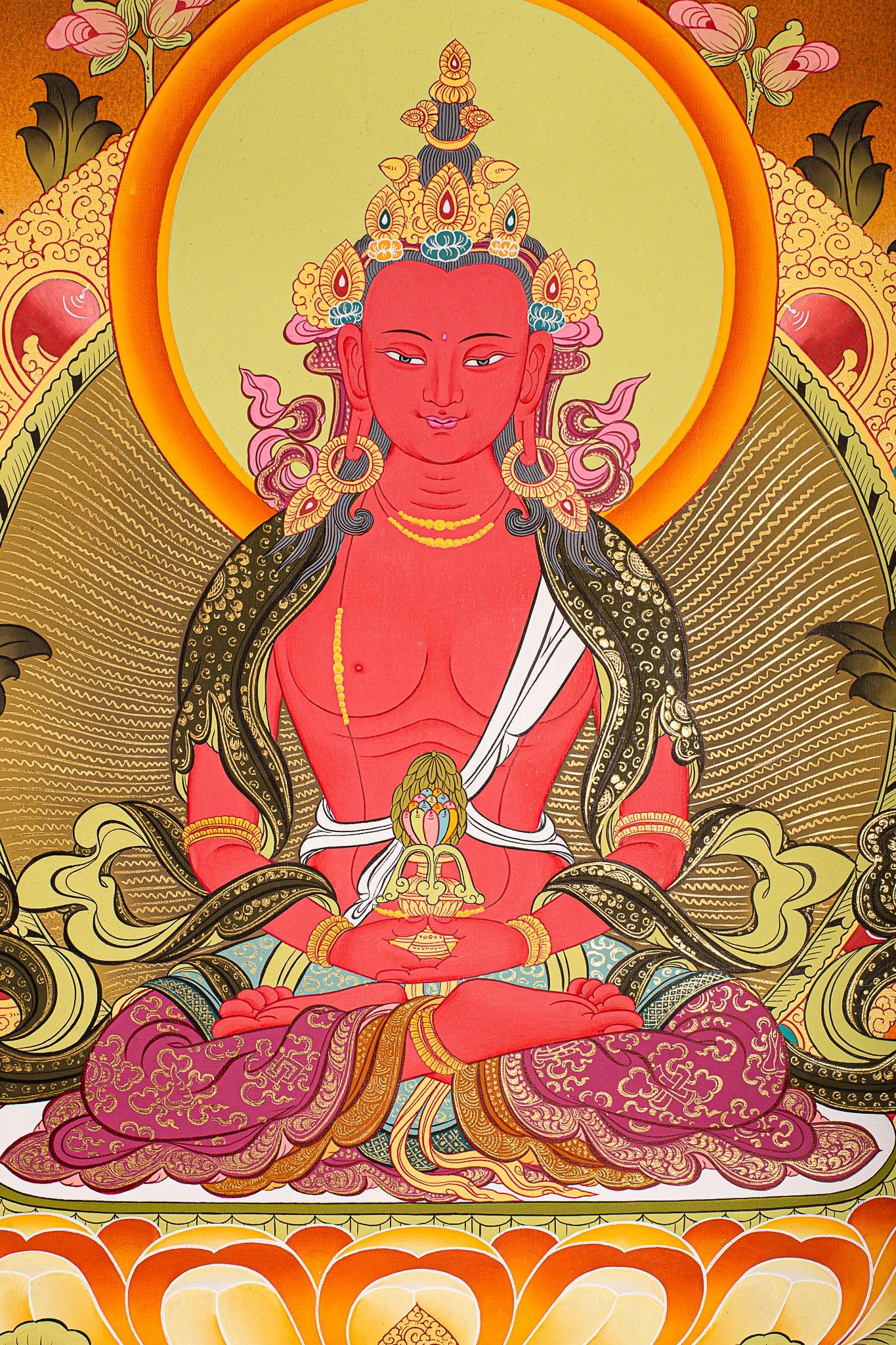 Amitayus Buddha on Cotton canvas painting with natural mineral color. Buy it online at best price