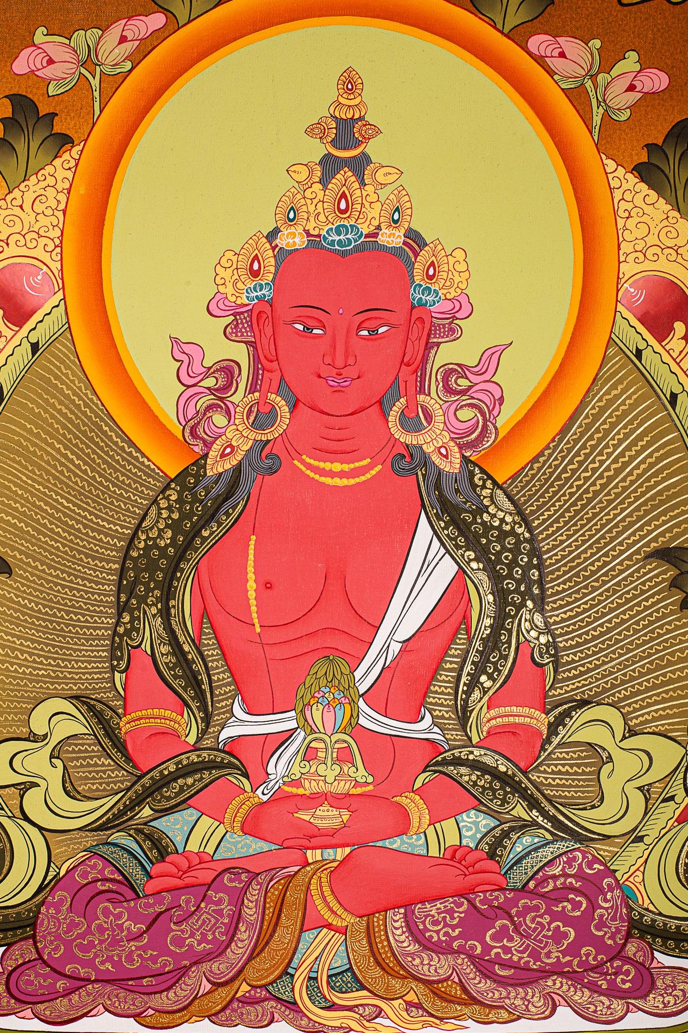 Amitayus Buddha on Cotton canvas painting with natural mineral color. Buy it online at best price