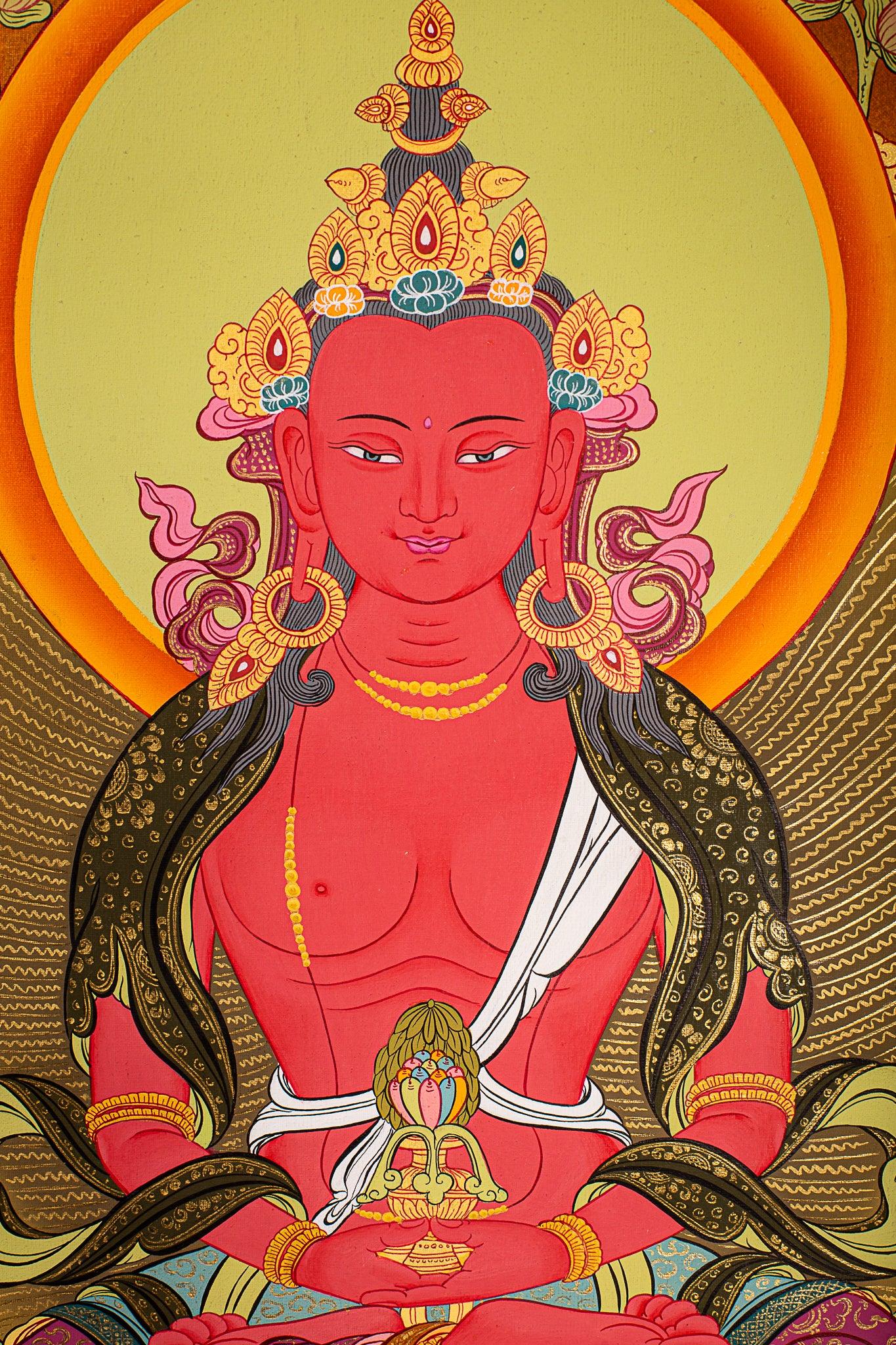 Amitayus Buddha on Cotton canvas painting with natural mineral color. Buy it online at best price