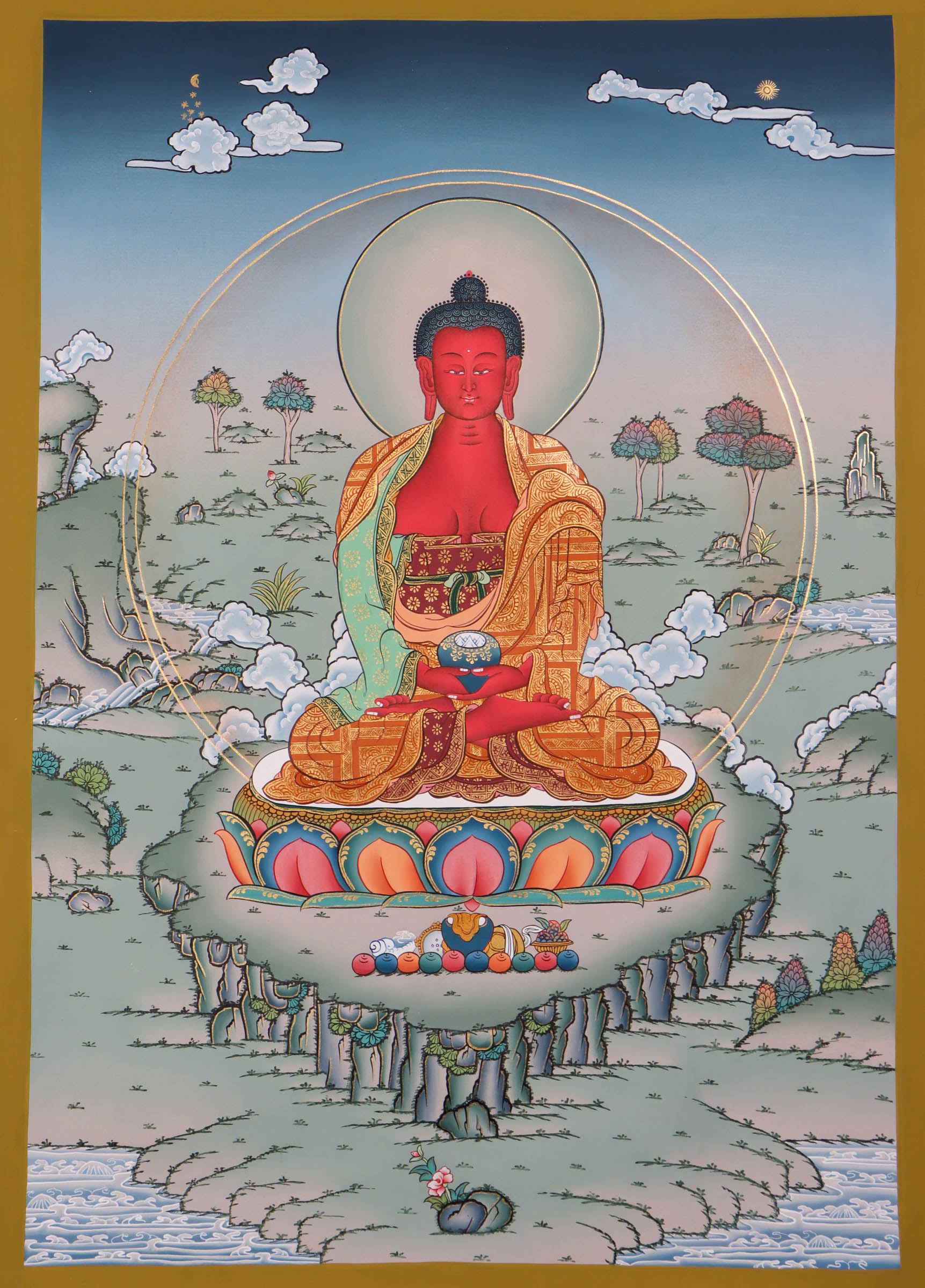 Amitabha Buddha Thangka Painting - Karma Gadri Style Thangka - Handpainted by skillfull artisan - HimalayasShop