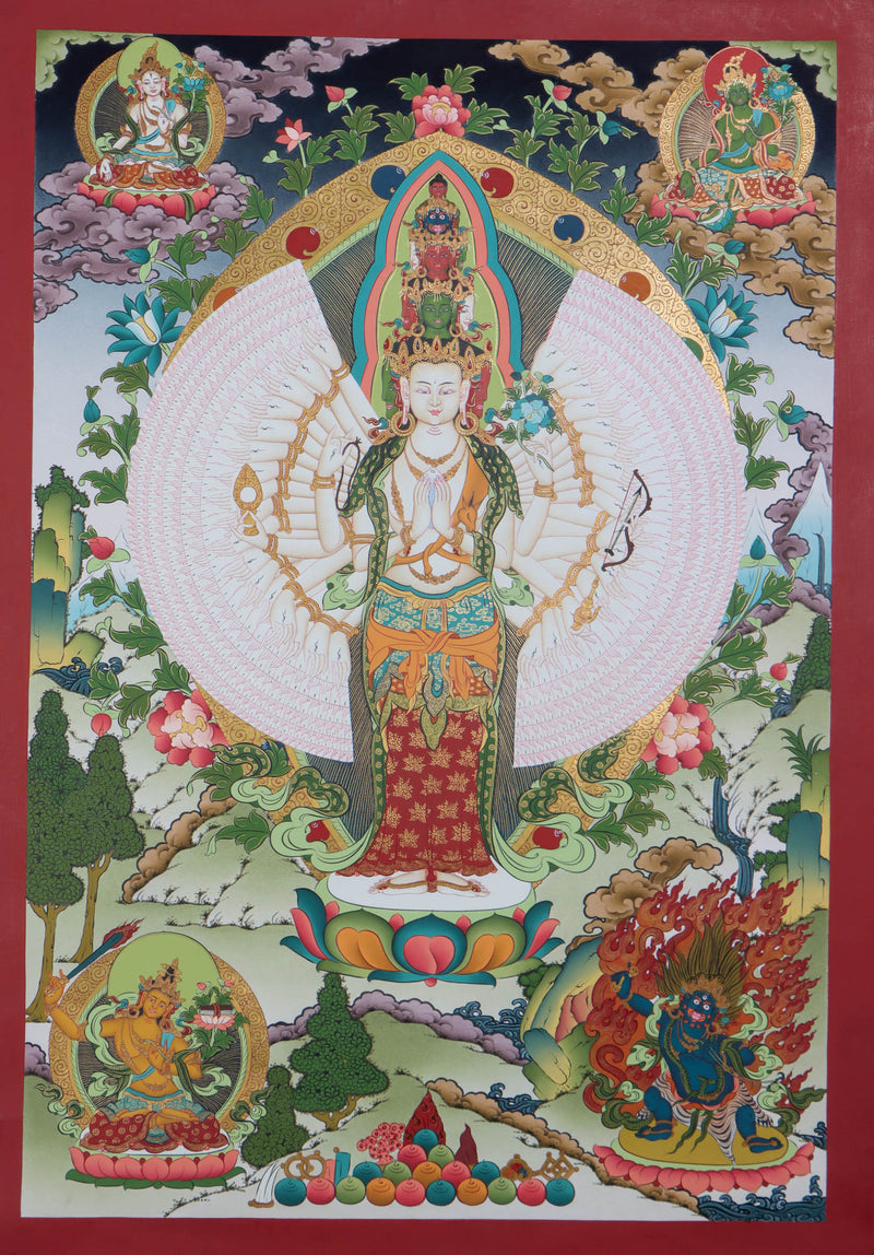 Avalokiteshvara Thangka Painting - Handpainted by skillfull artisan using only natural stone color - Himalayas Shop