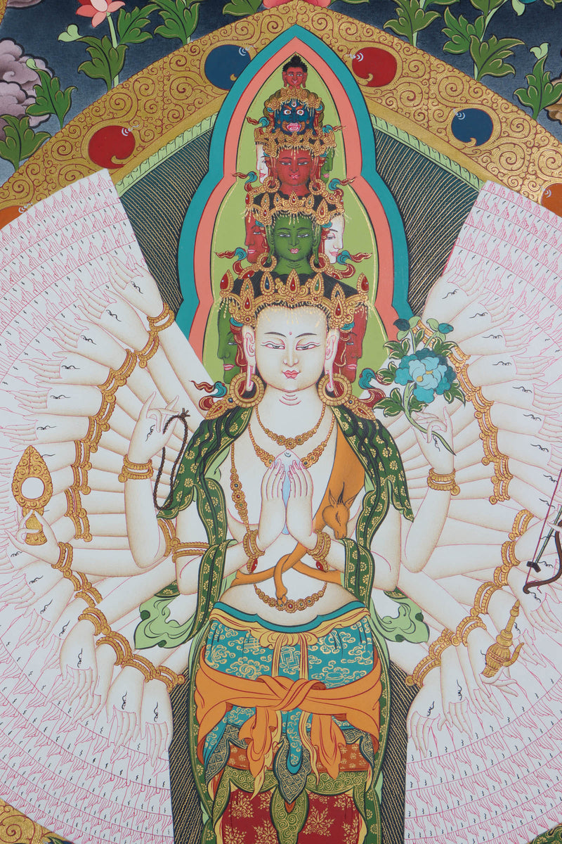 Avalokiteshvara Thangka Painting - Handpainted by skillfull artisan using only natural stone color - Himalayas Shop