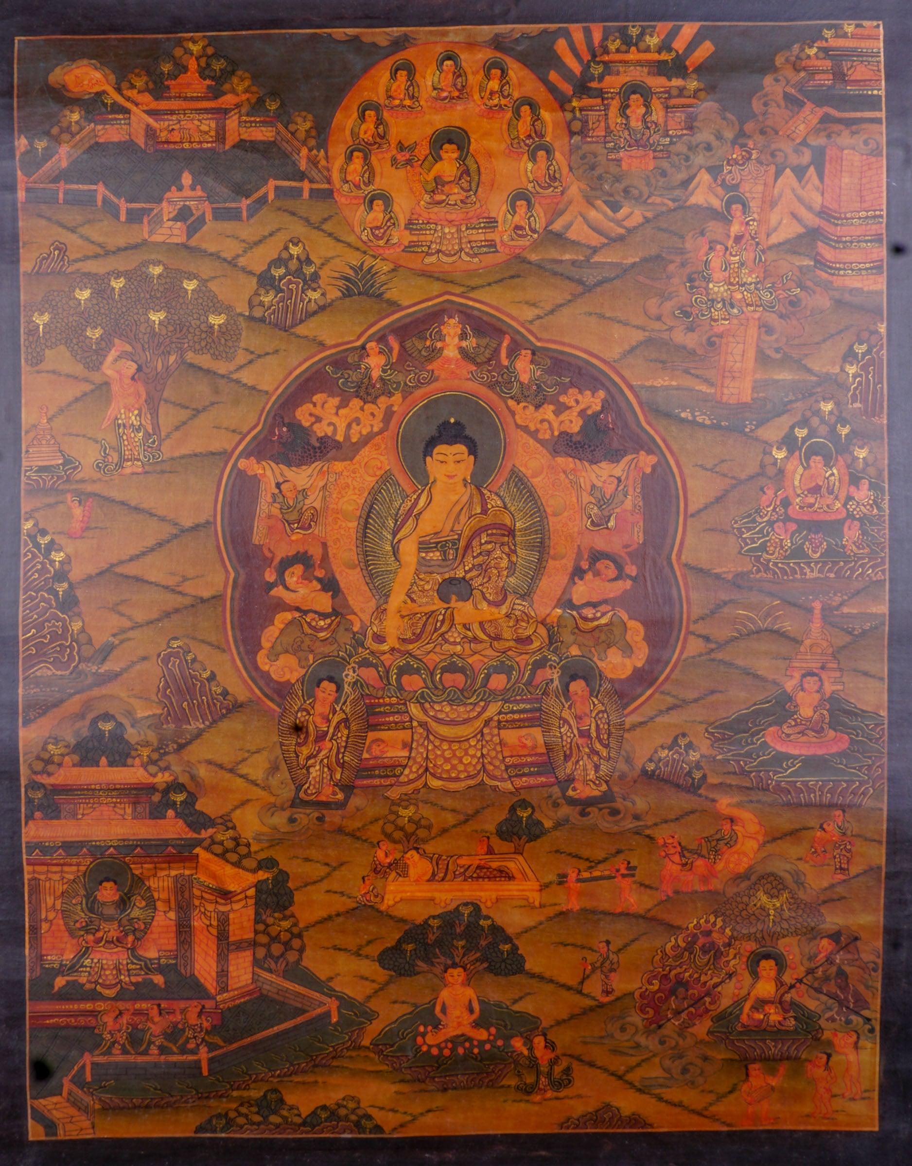 Buddha Life Thangka art antique piece on canvas for wall hanging meditation and altar space.