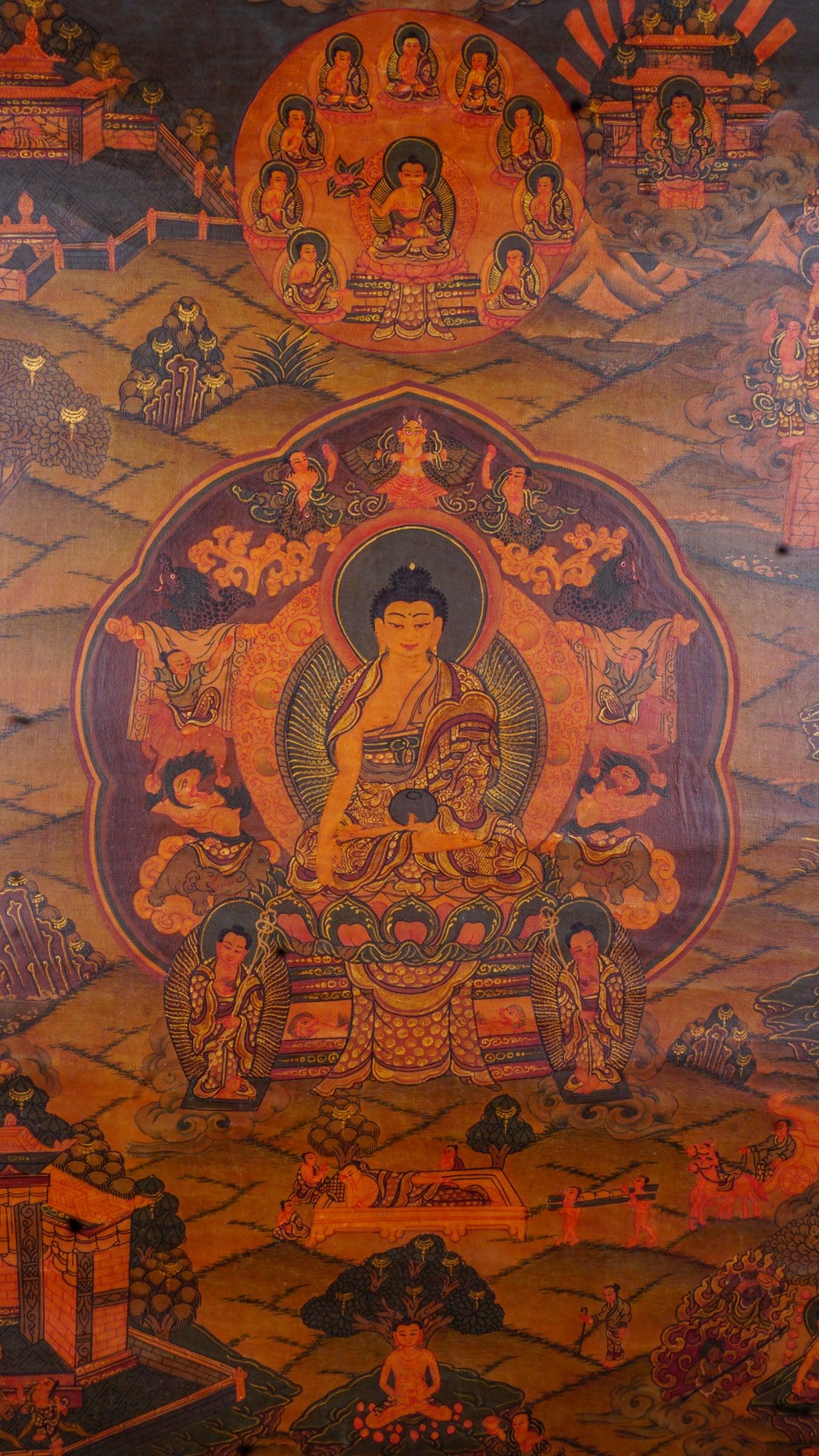 Buddha Life Thangka art antique piece on canvas for wall hanging meditation and altar space.