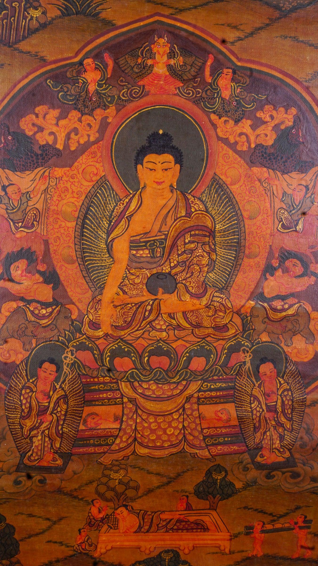 Buddha Life Thangka art antique piece on canvas for wall hanging meditation and altar space.