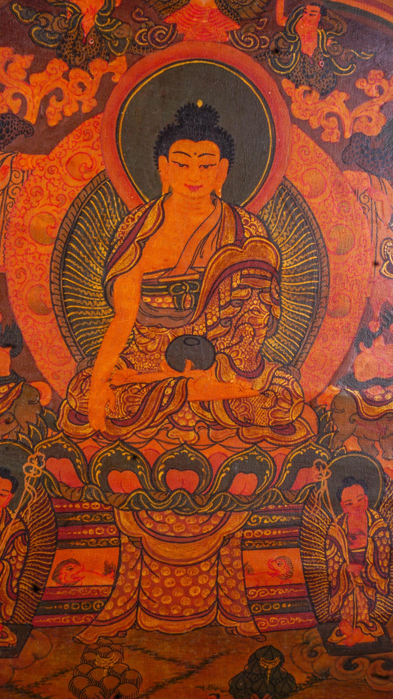 Buddha Life Thangka art antique piece on canvas for wall hanging meditation and altar space.