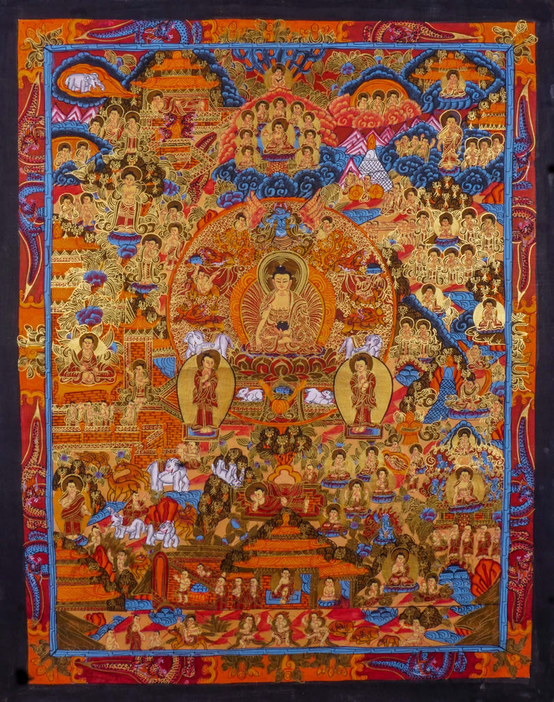 Buddha life story Tibetan Thangka art for wall hanging and positive energy on canvas