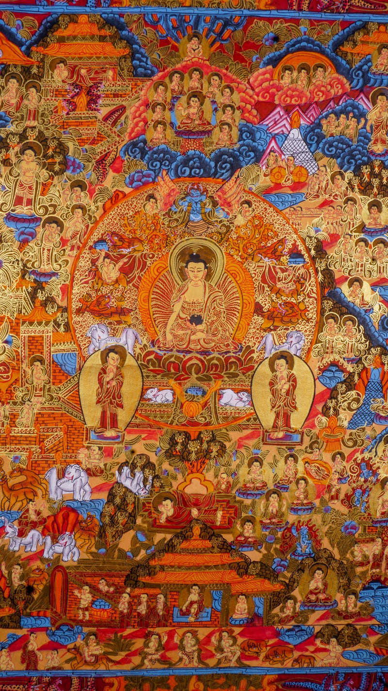 Buddha life story Tibetan Thangka art for wall hanging and positive energy on canvas