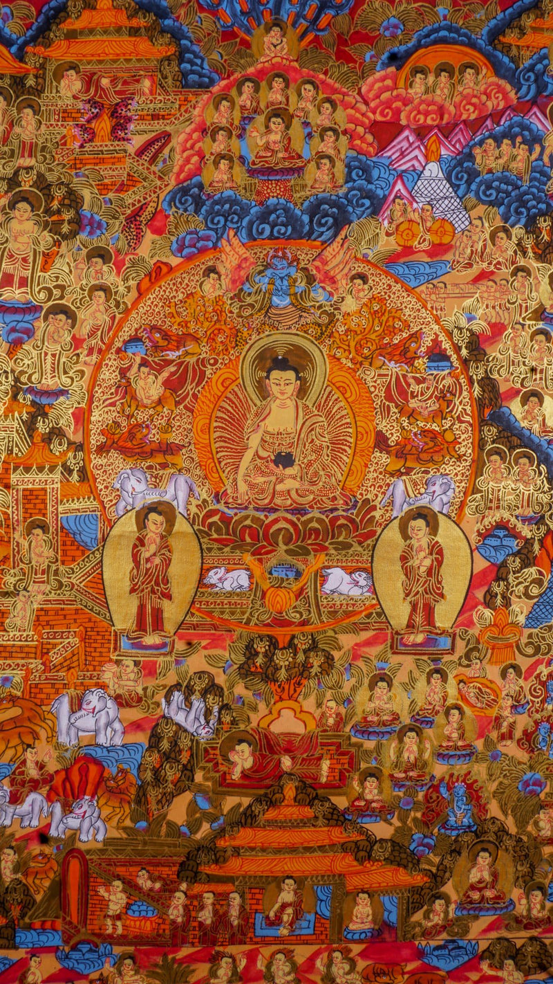Buddha life story Tibetan Thangka art for wall hanging and positive energy on canvas
