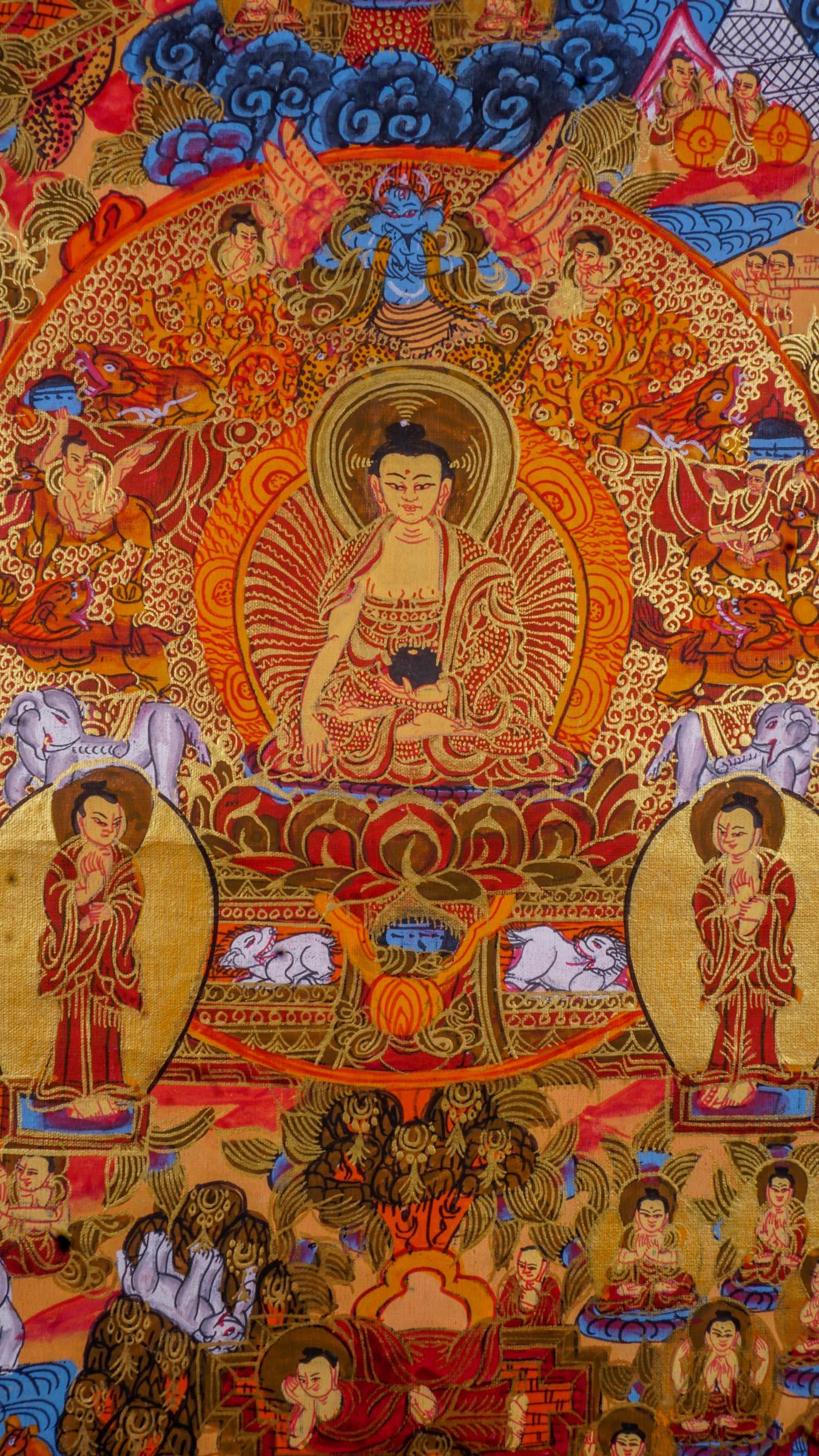 Buddha life story Tibetan Thangka art for wall hanging and positive energy on canvas
