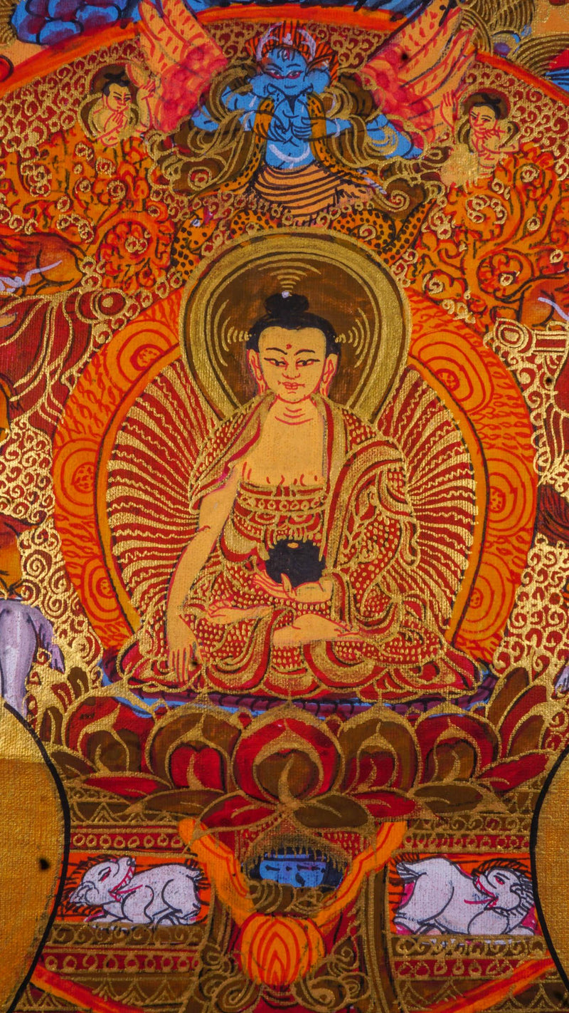 Buddha life story Tibetan Thangka art for wall hanging and positive energy on canvas