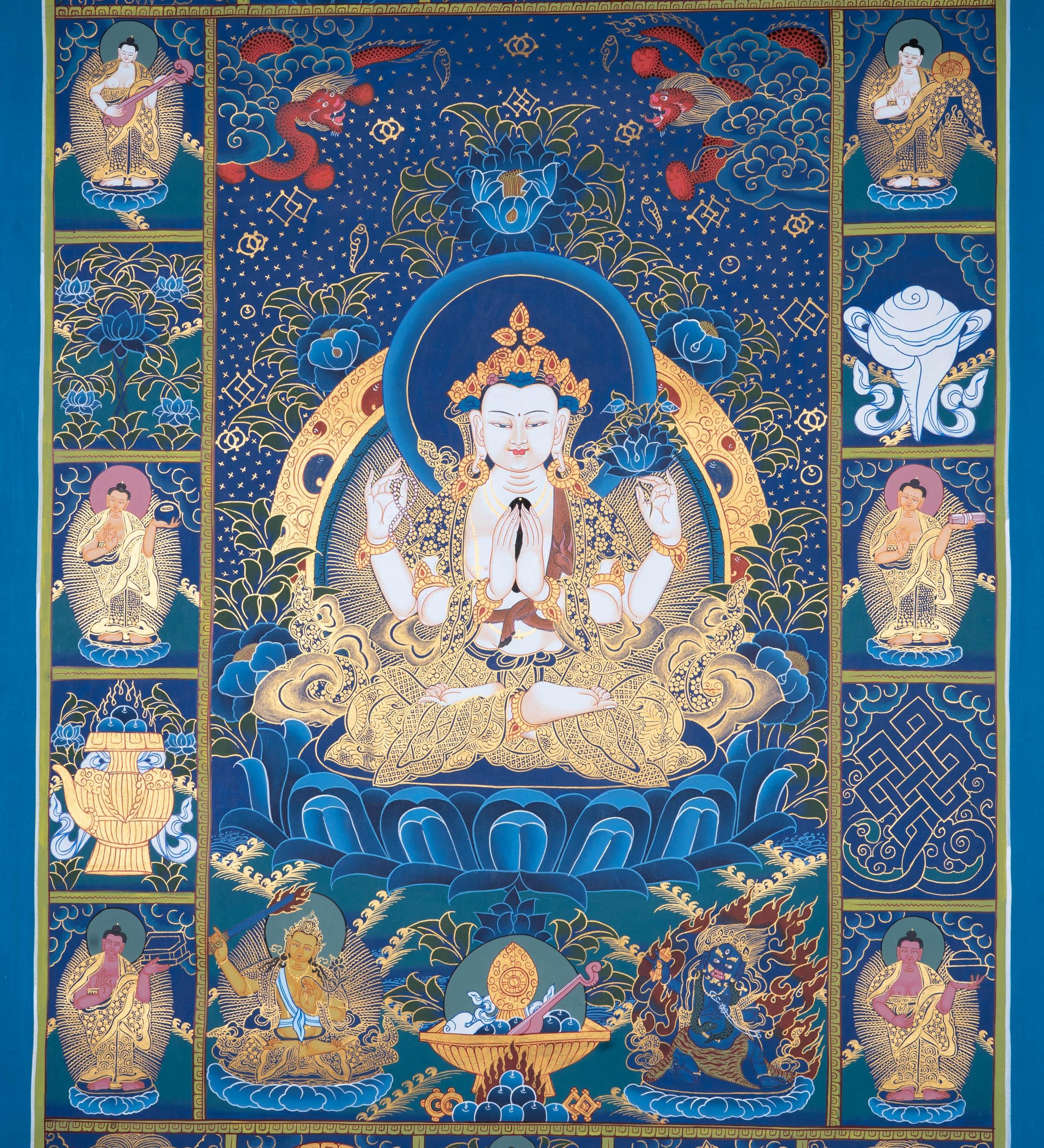 Chengresi Thangka with auspicious symbol - Himalayas Shop