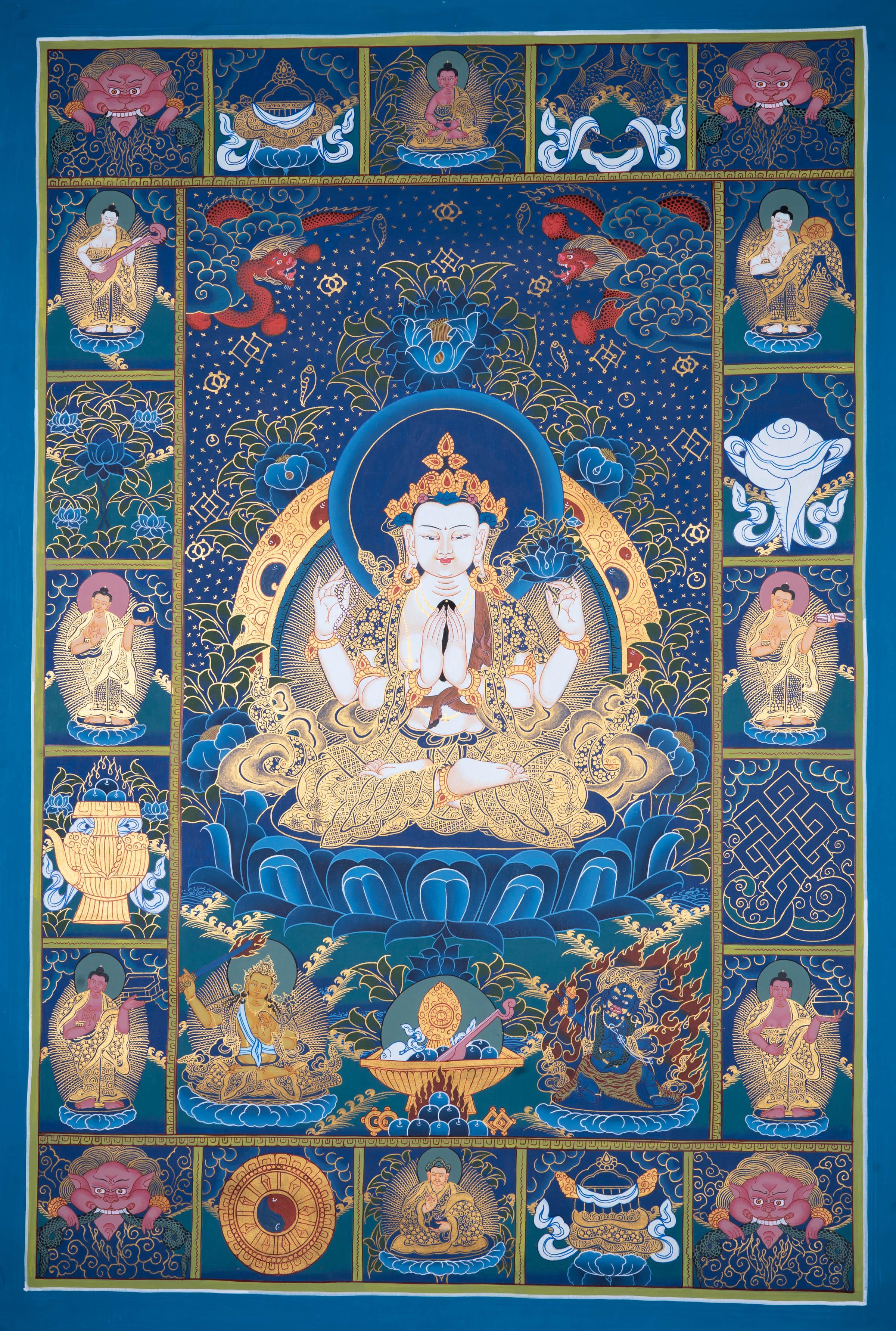 Chengresi Thangka with auspicious symbol - Himalayas Shop