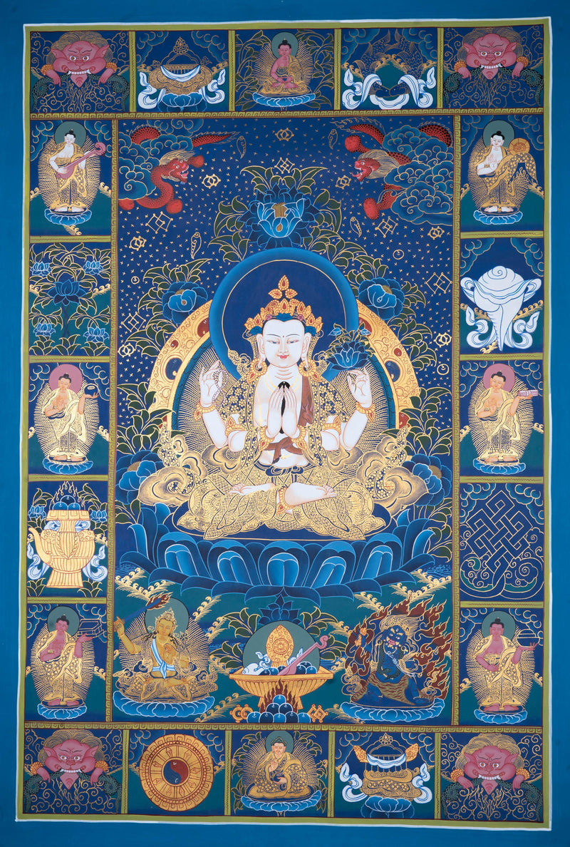 Chengresi Thangka with auspicious symbol - Himalayas Shop