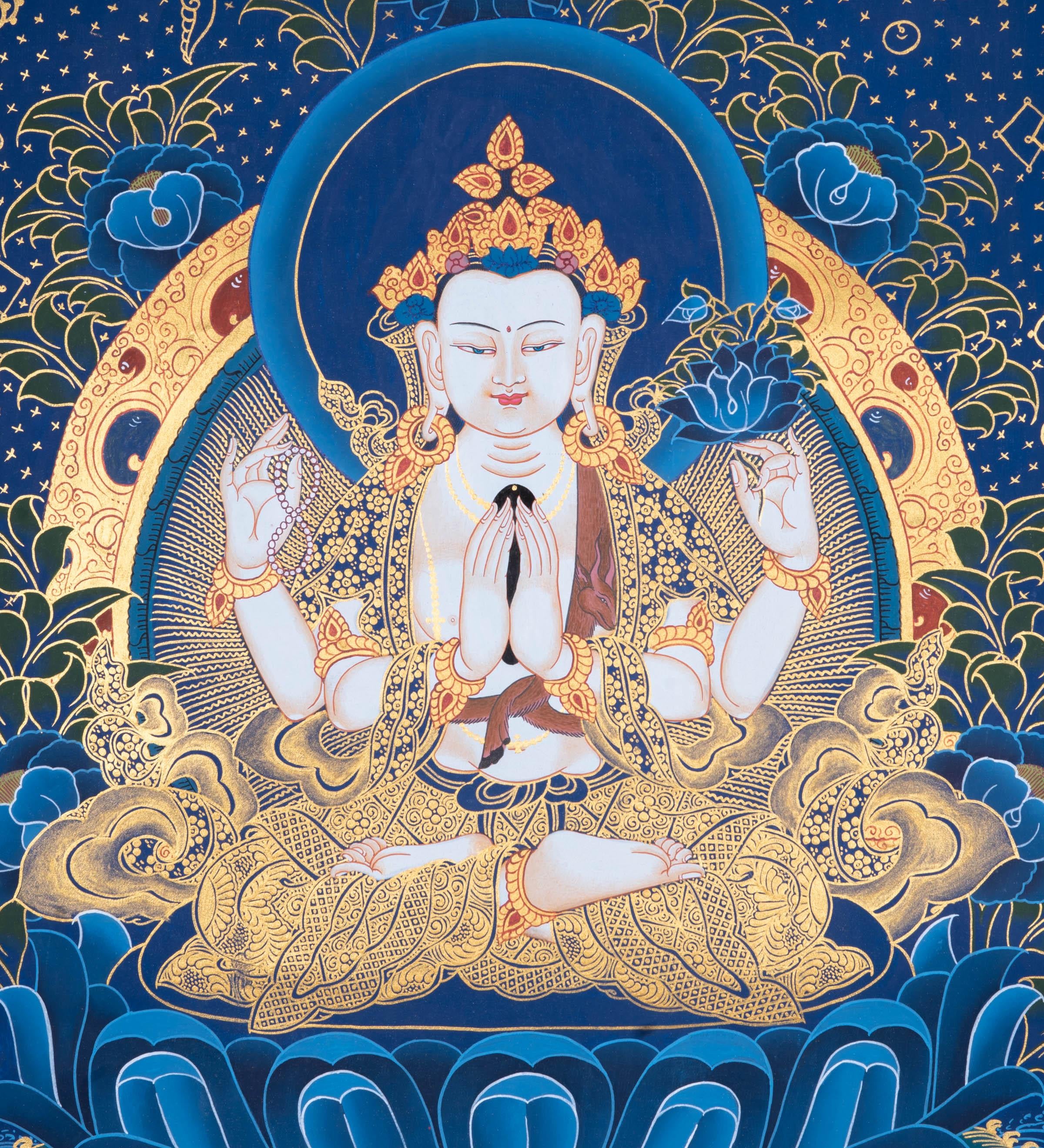 Chengresi Thangka with auspicious symbol - Himalayas Shop