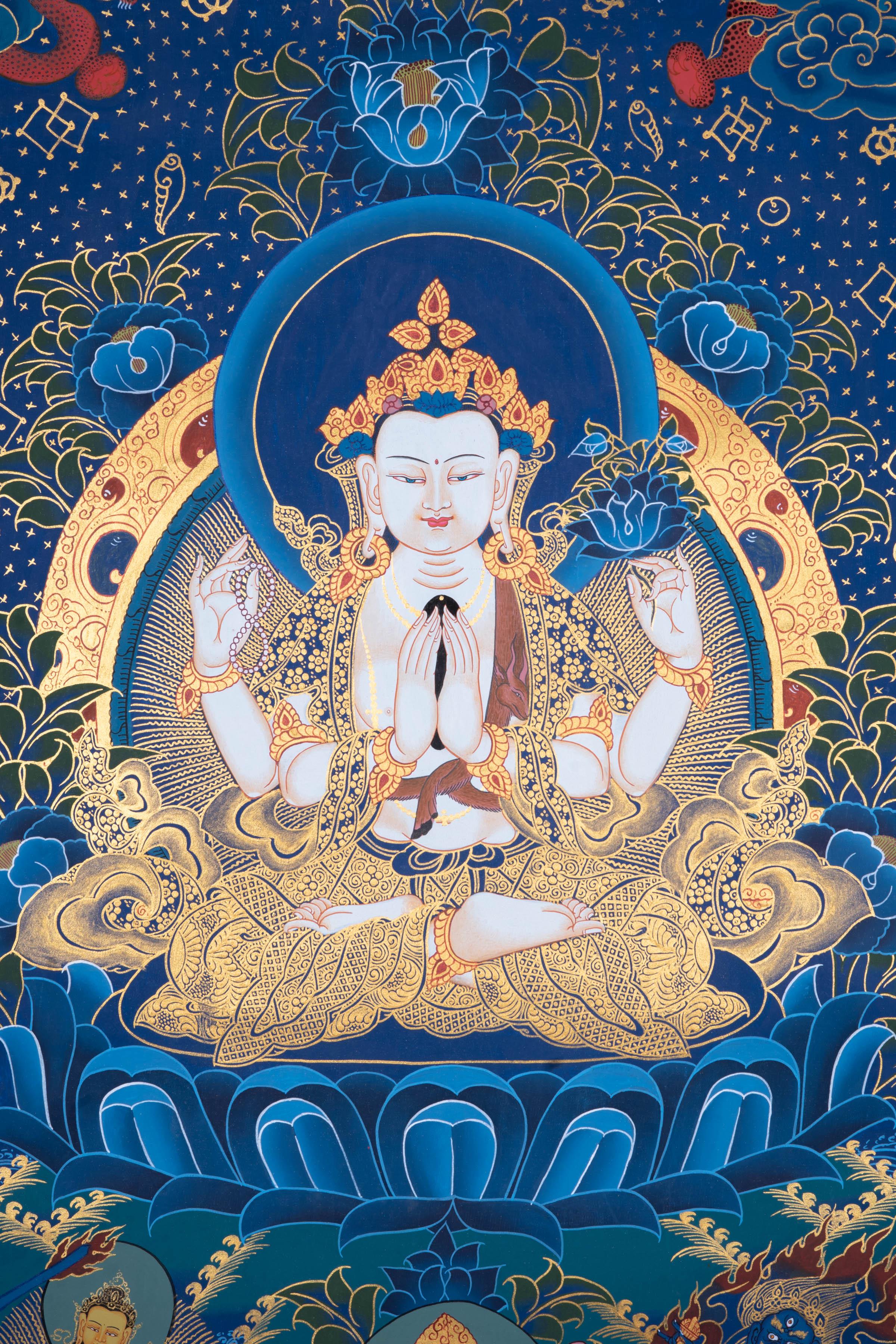 Chengresi Thangka with auspicious symbol - Himalayas Shop