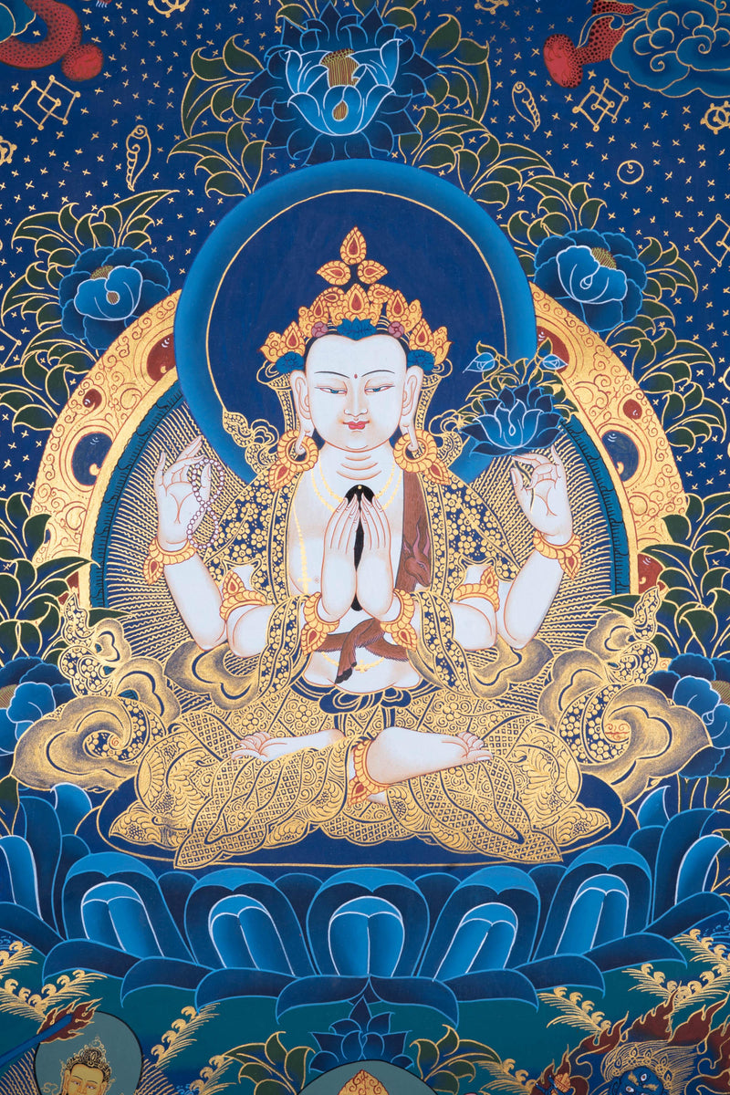 Chengresi Thangka with auspicious symbol - Himalayas Shop