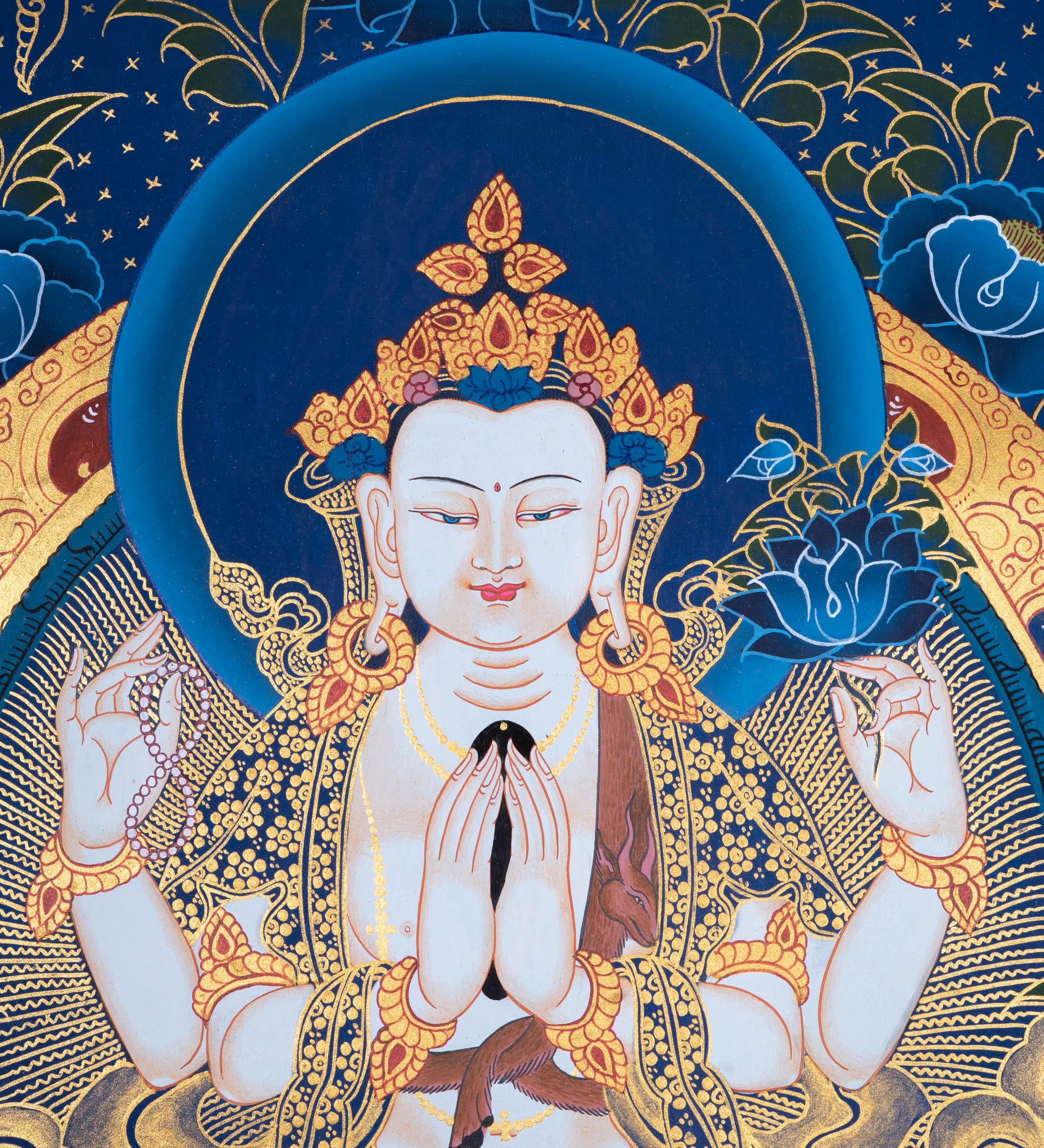 Chengresi Thangka with auspicious symbol - Himalayas Shop