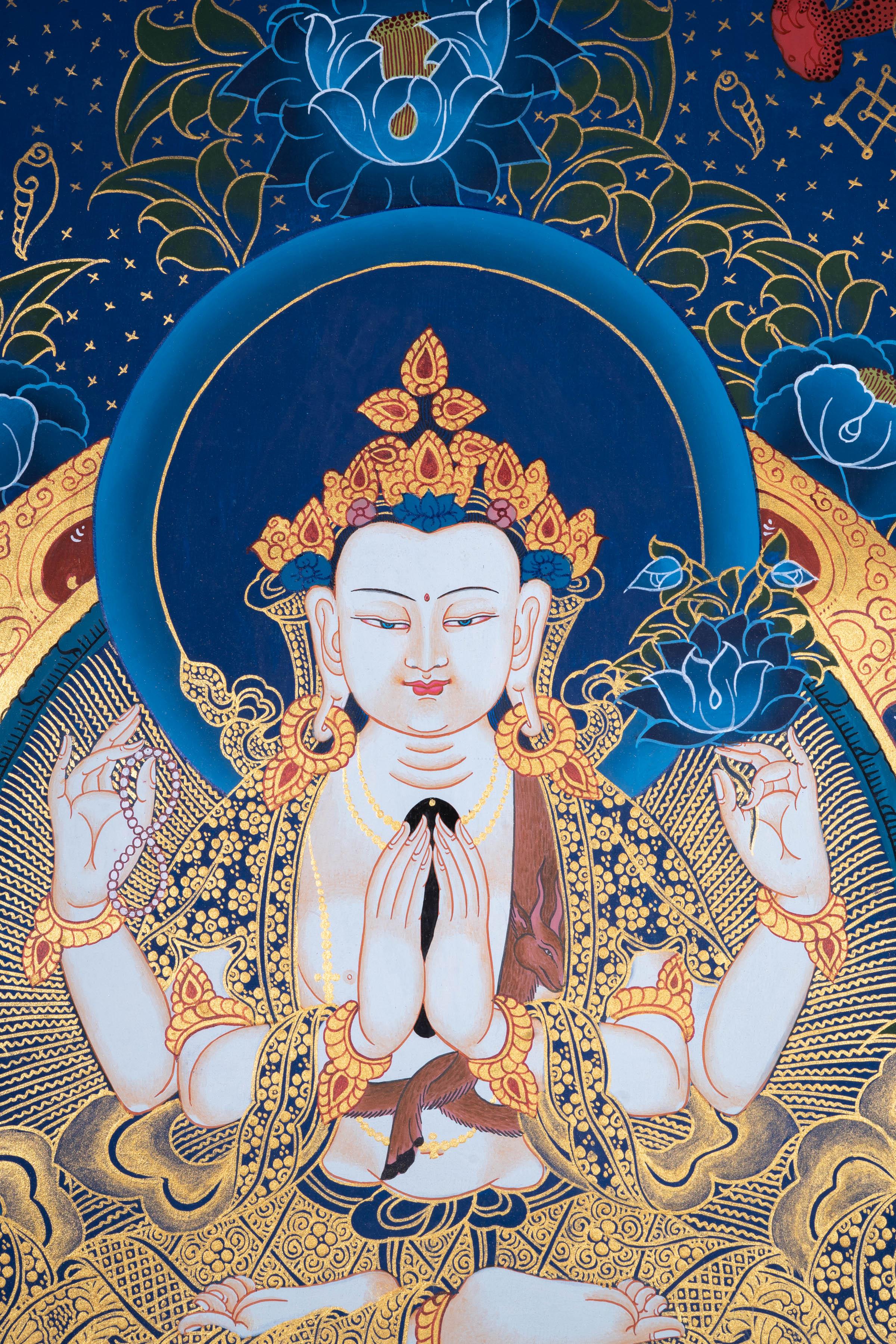 Chengresi Thangka with auspicious symbol - Himalayas Shop