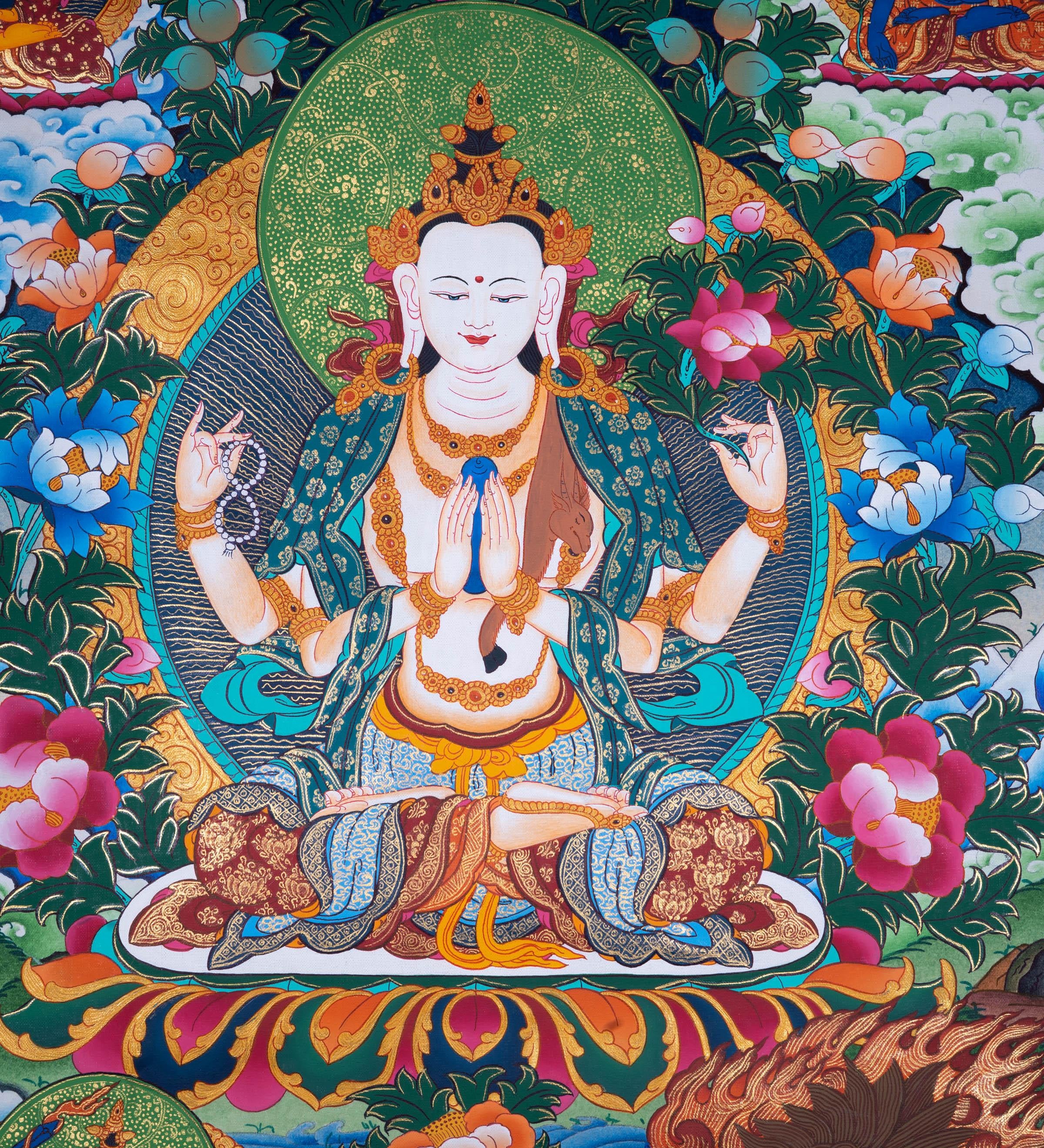 Chengrezig Tibetan Thangka art - Himalayas Shop