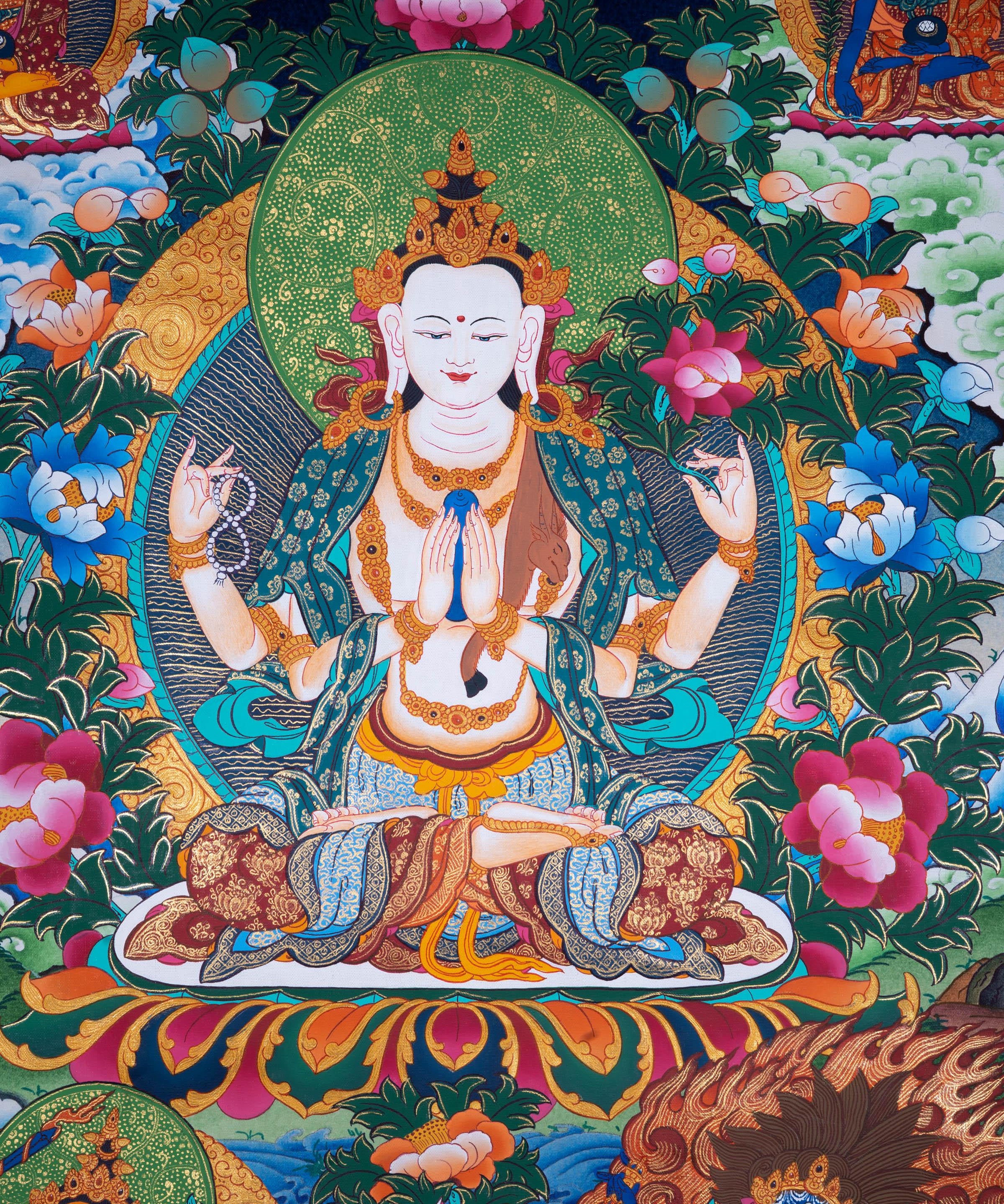 Chengrezig Tibetan Thangka art - Himalayas Shop