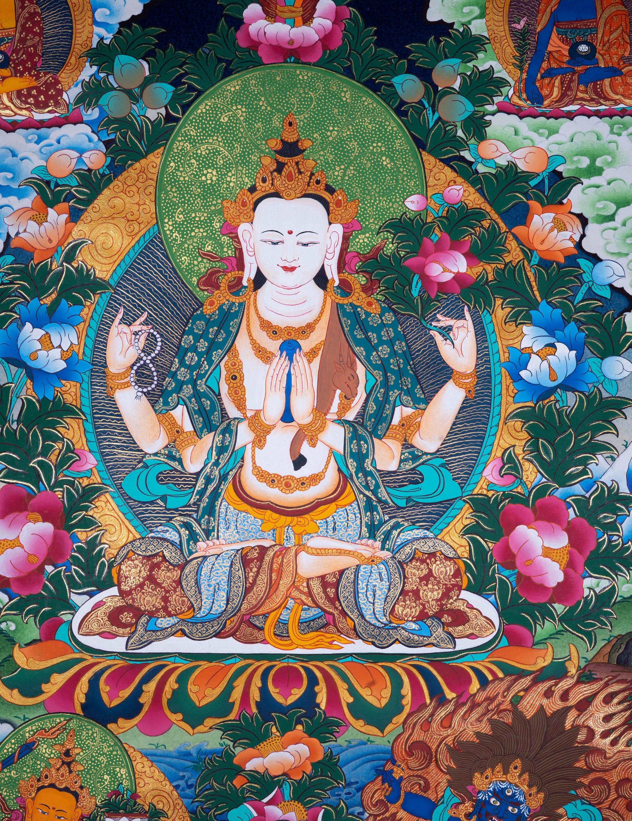 Chengrezig Tibetan Thangka art - Himalayas Shop