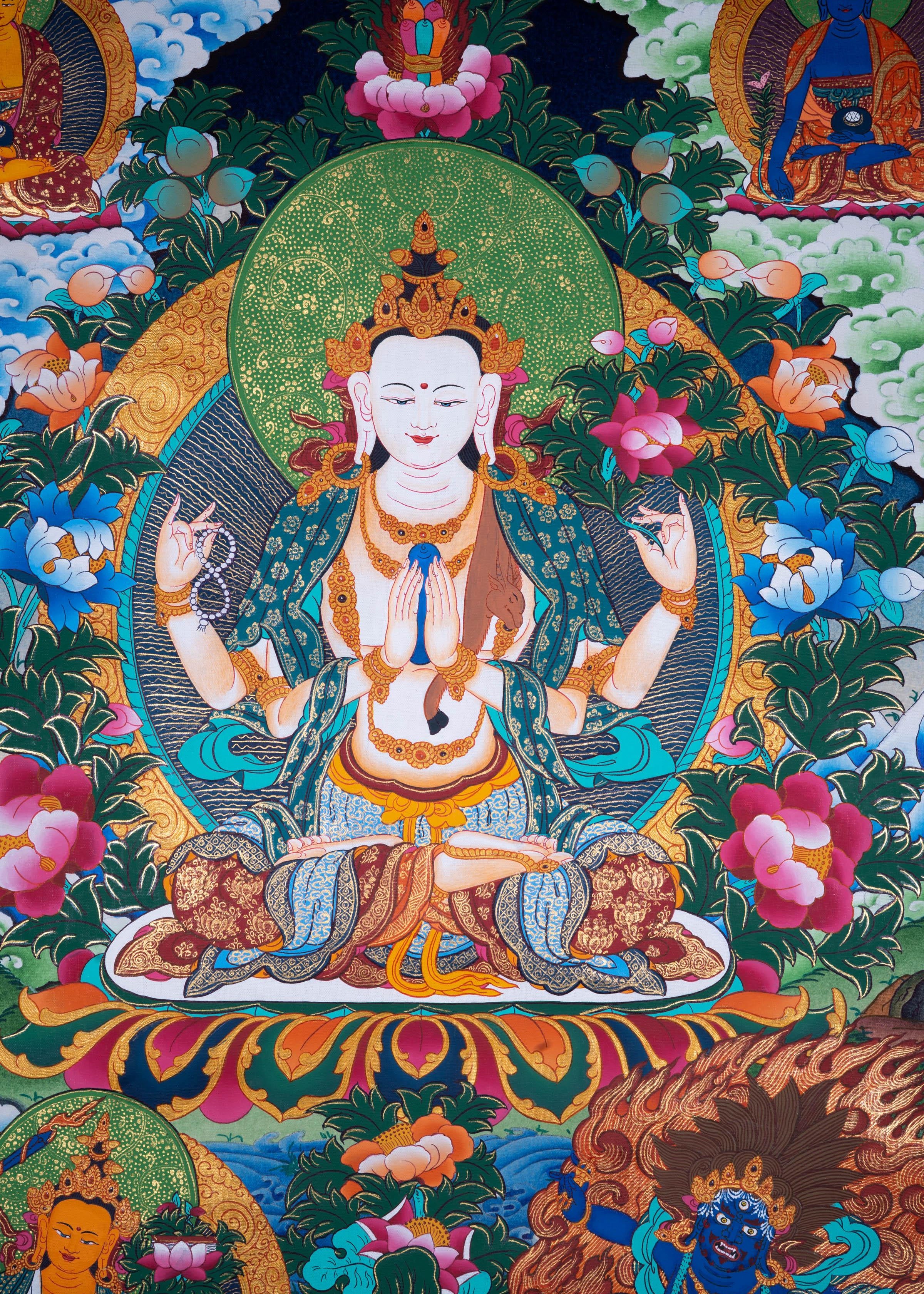 Chengrezig Tibetan Thangka art - Himalayas Shop