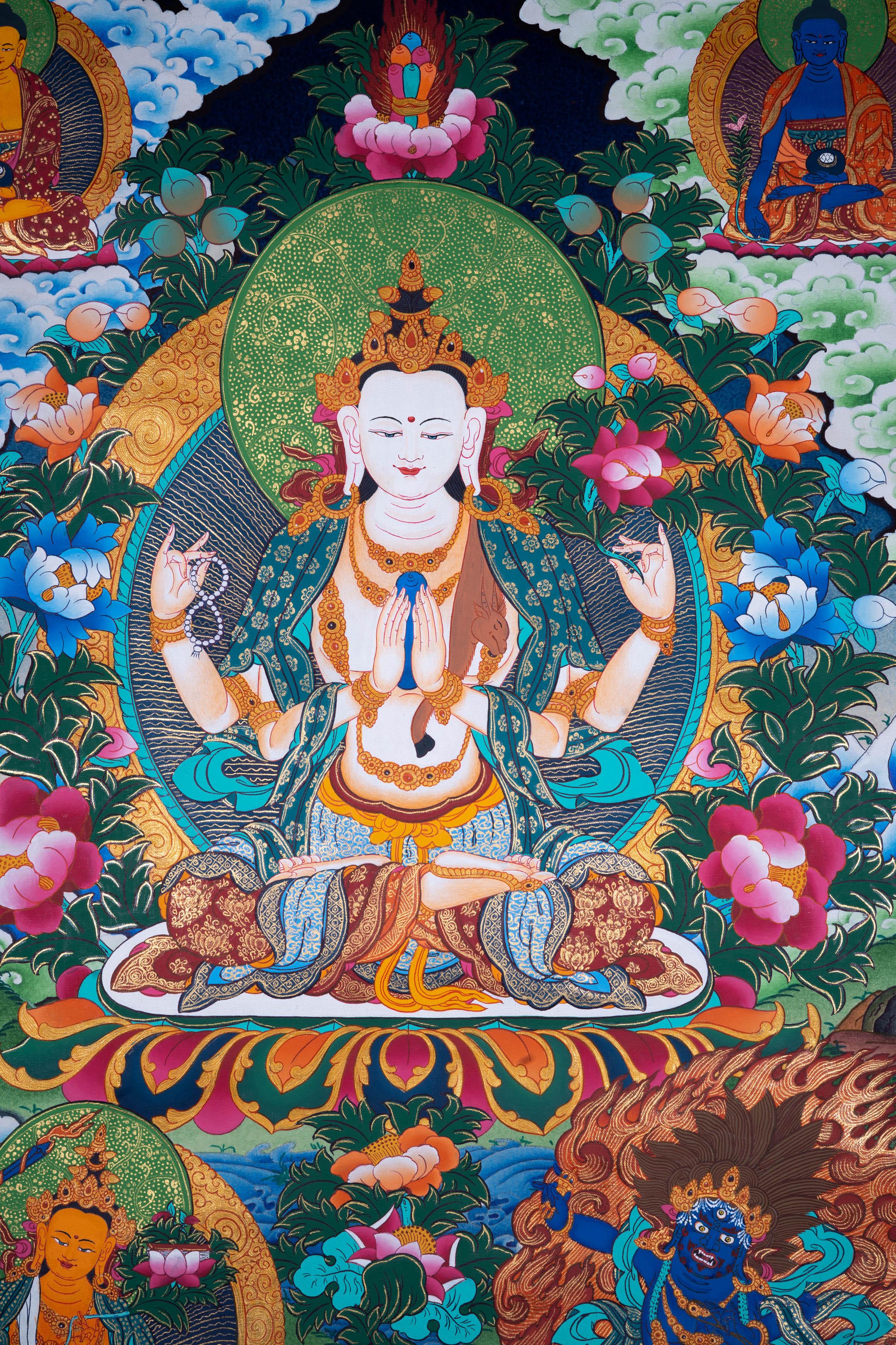 Chengrezig Tibetan Thangka art - Himalayas Shop
