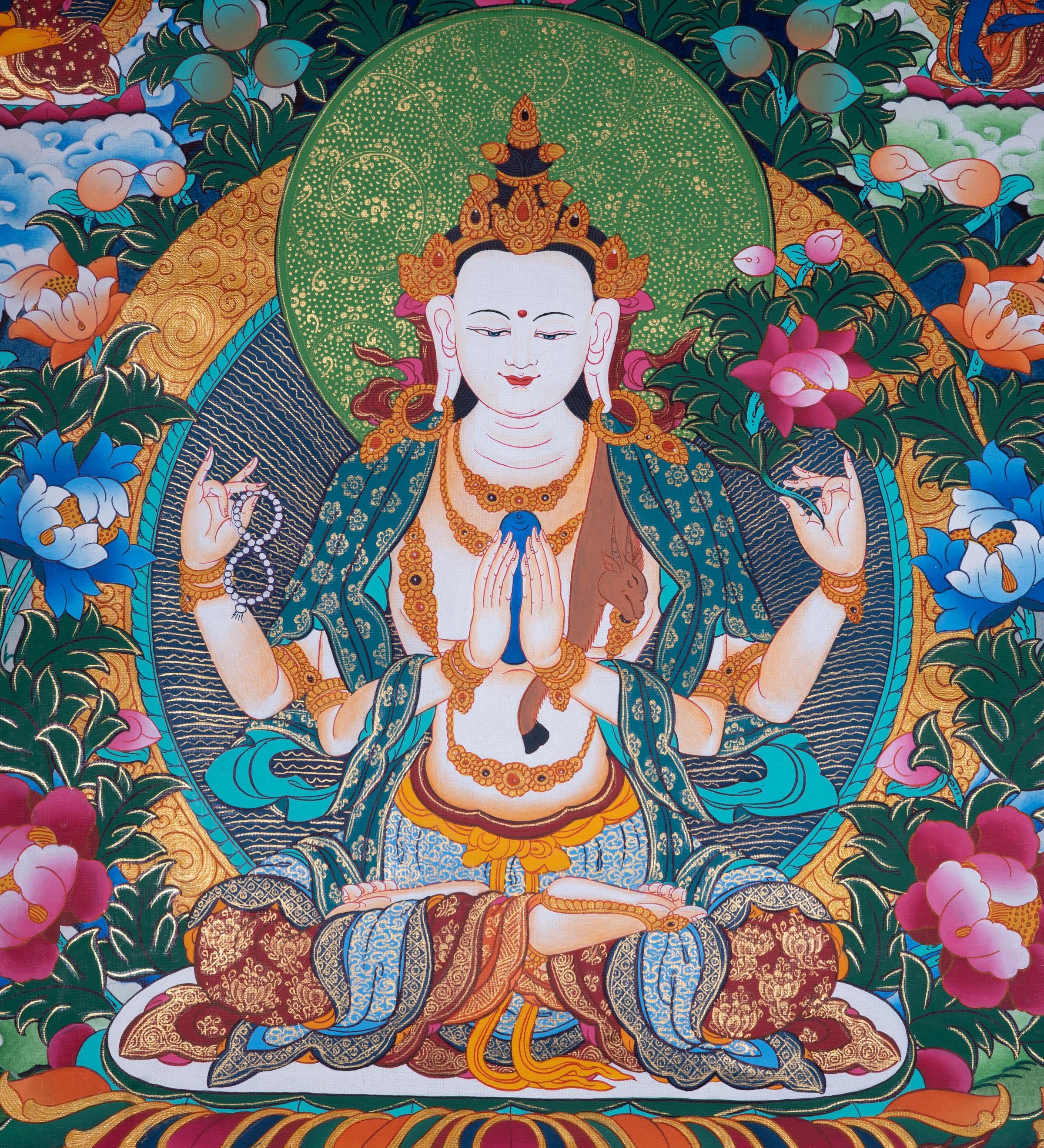 Chengrezig Tibetan Thangka art - Himalayas Shop