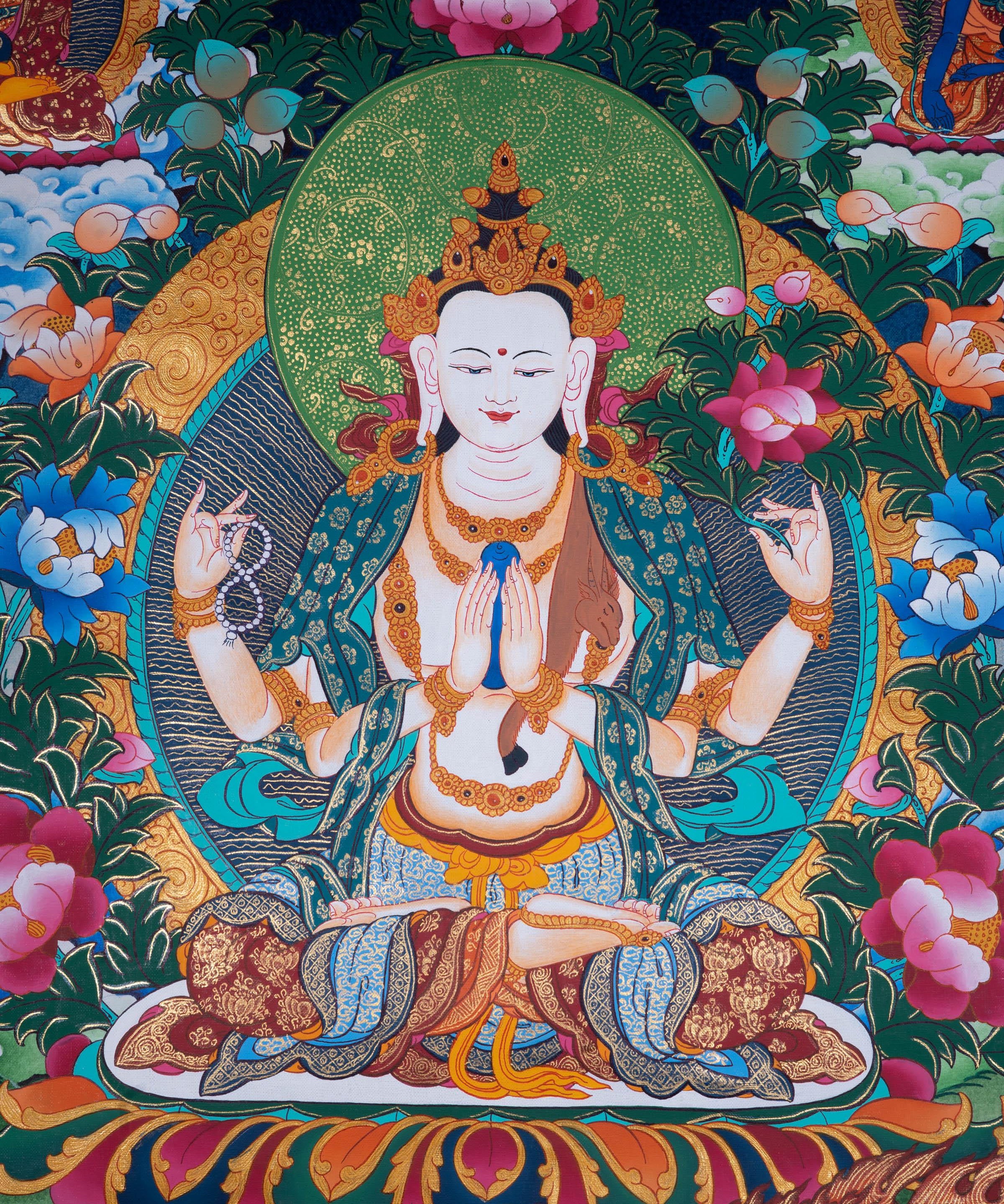 Chengrezig Tibetan Thangka art - Himalayas Shop