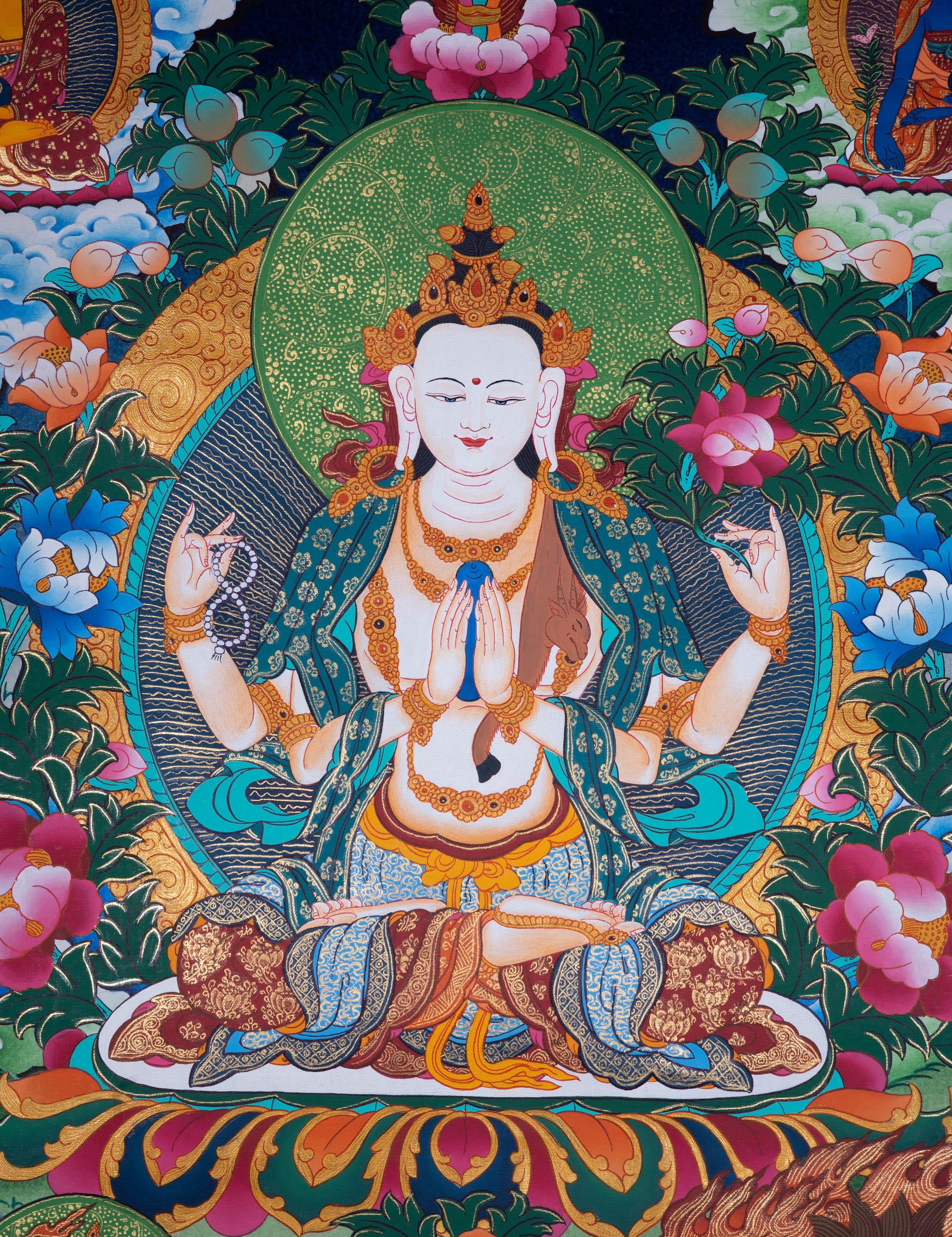 Chengrezig Tibetan Thangka art - Himalayas Shop