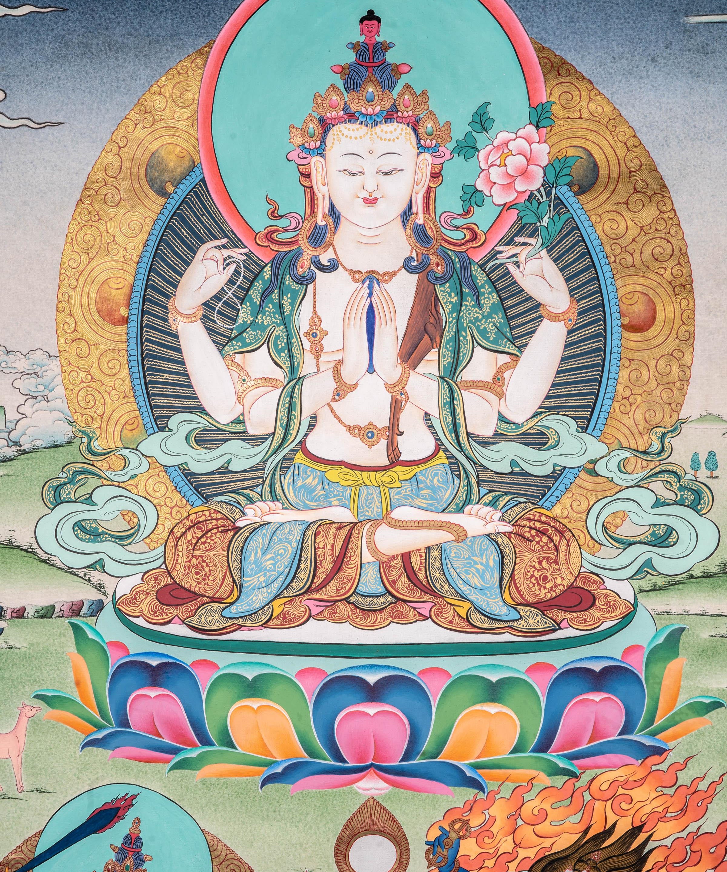 4 Arm Chenrezig Thangka - Himalayas Shop