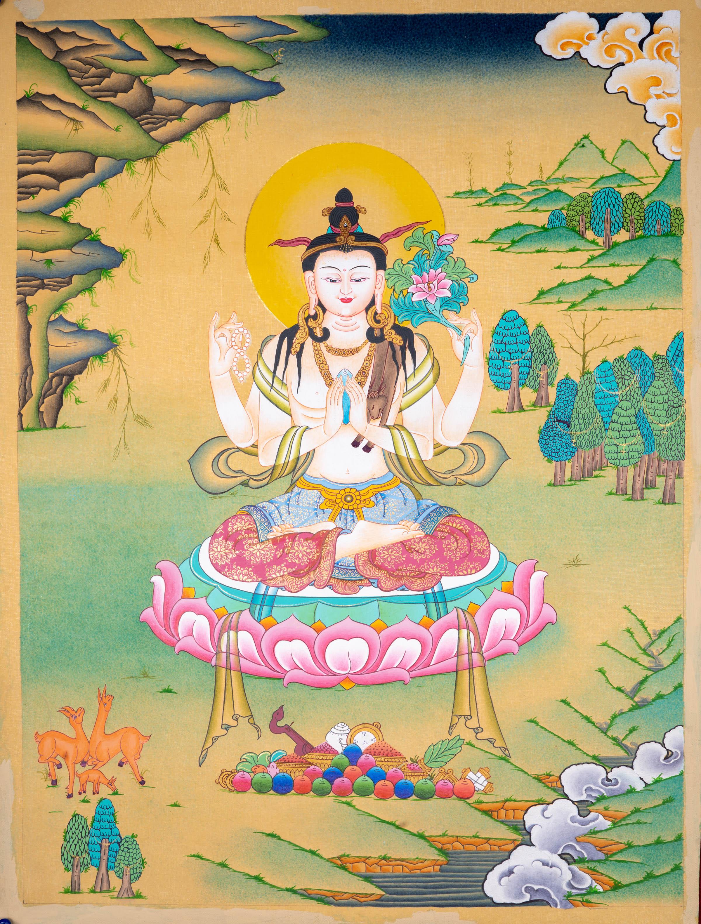 Chenrezig with Mantra tibetan thangka