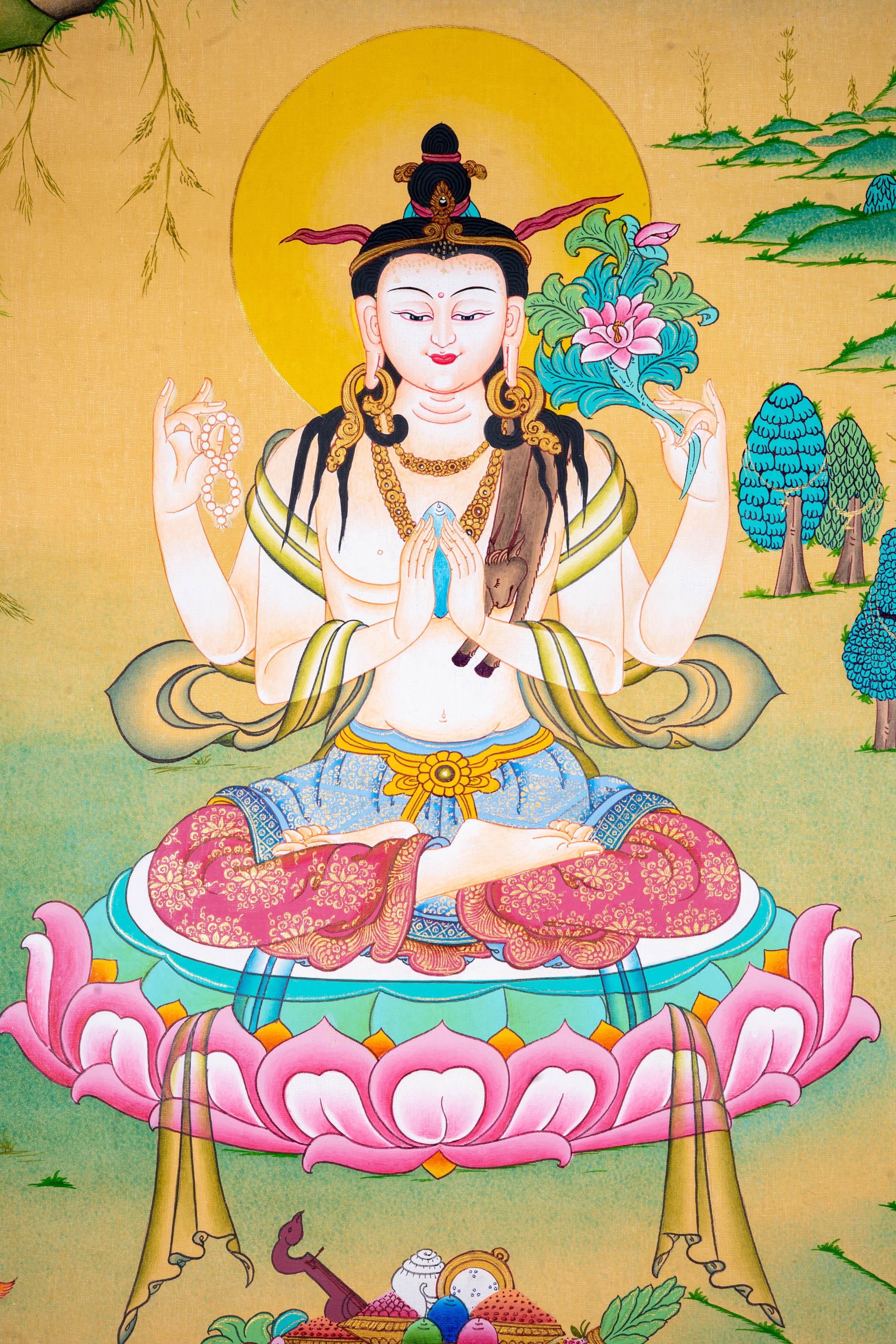 Chenrezig with Mantra tibetan thangka - Himalayas Shop