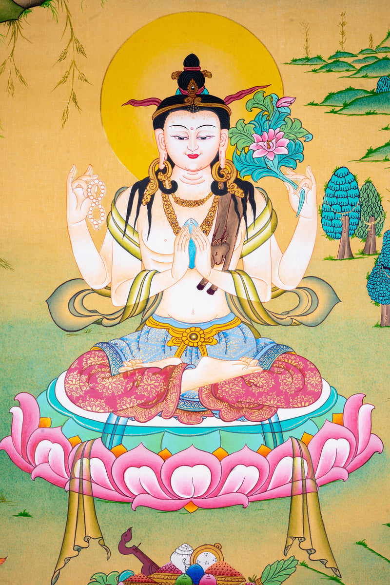 Chenrezig with Mantra tibetan thangka - Himalayas Shop