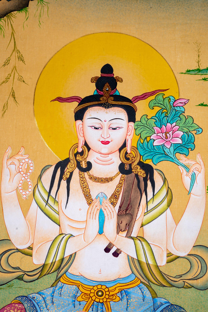 Chenrezig with Mantra tibetan thangka - Himalayas Shop