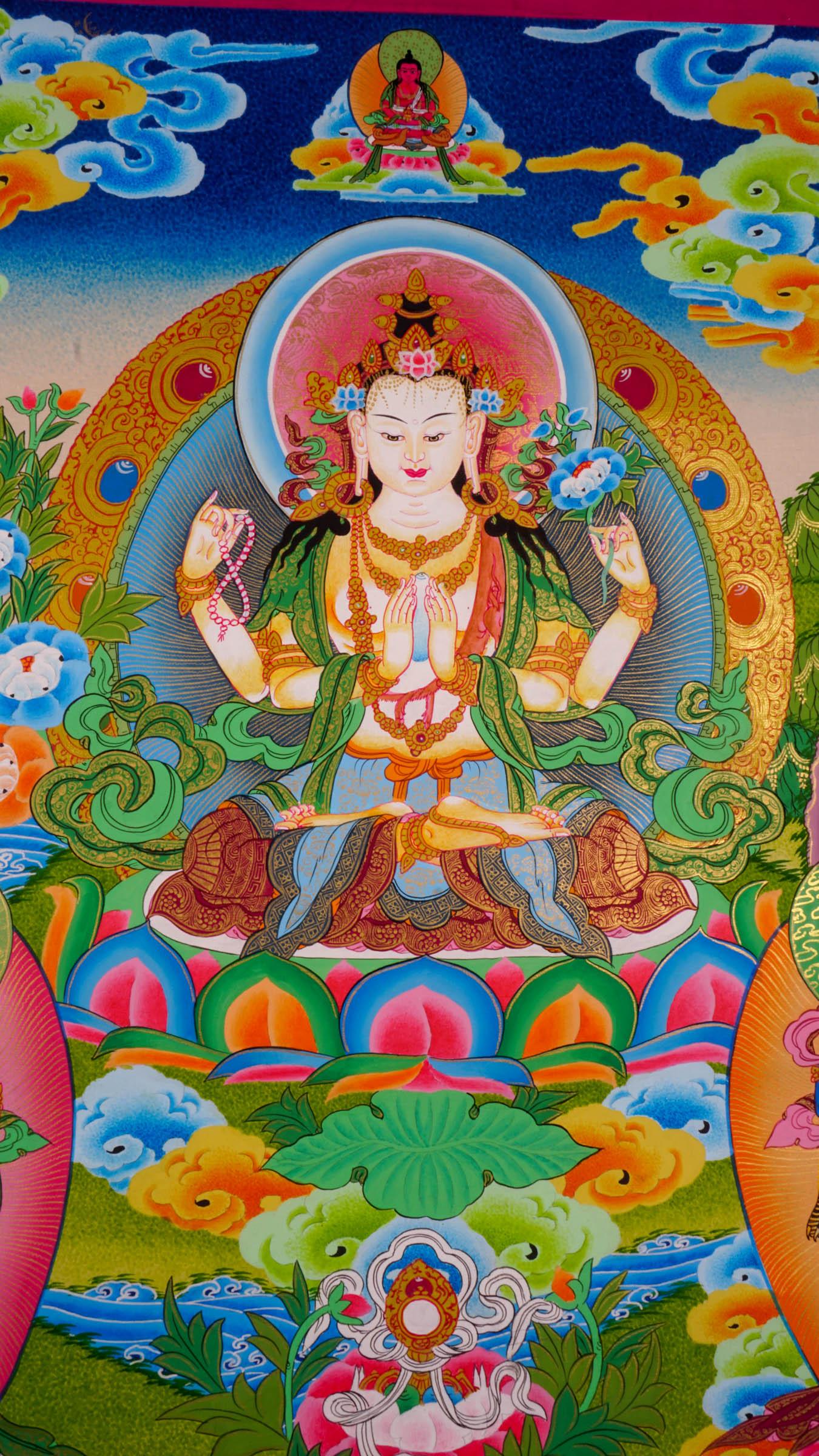 Chenrezig Thangka Painting with two deities