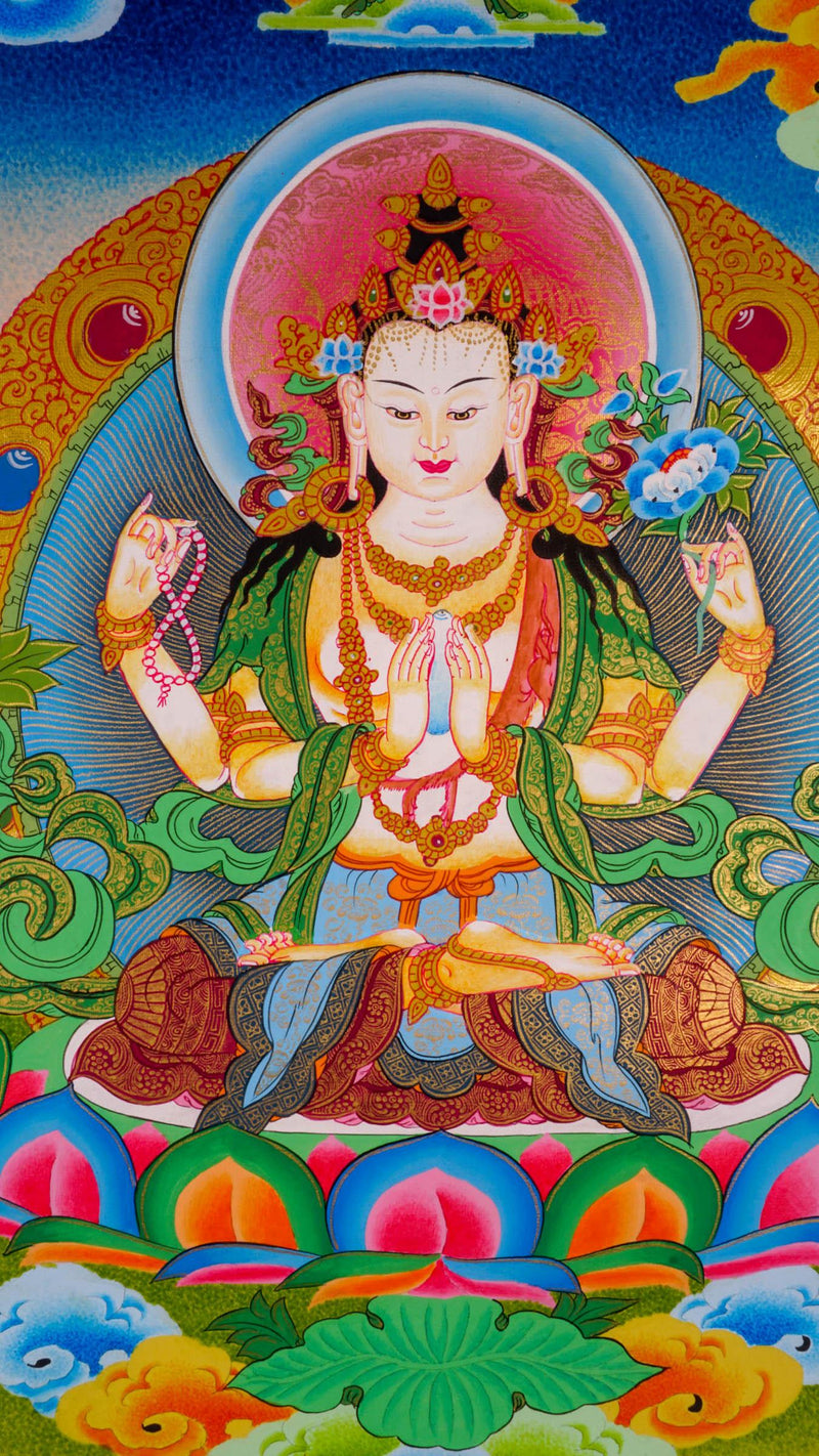 Chenrezig Thangka Painting with two deities