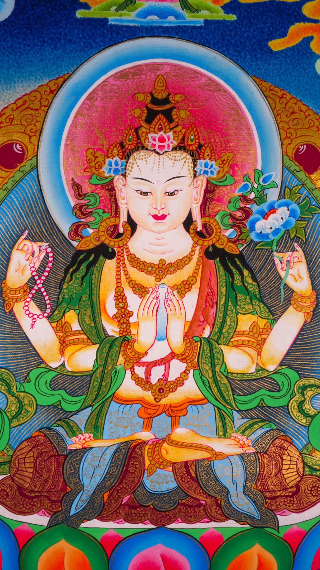 Chenrezig Thangka Painting with two deities