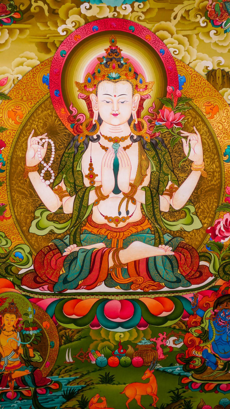 Chenrezig Thangka Painting with five deities