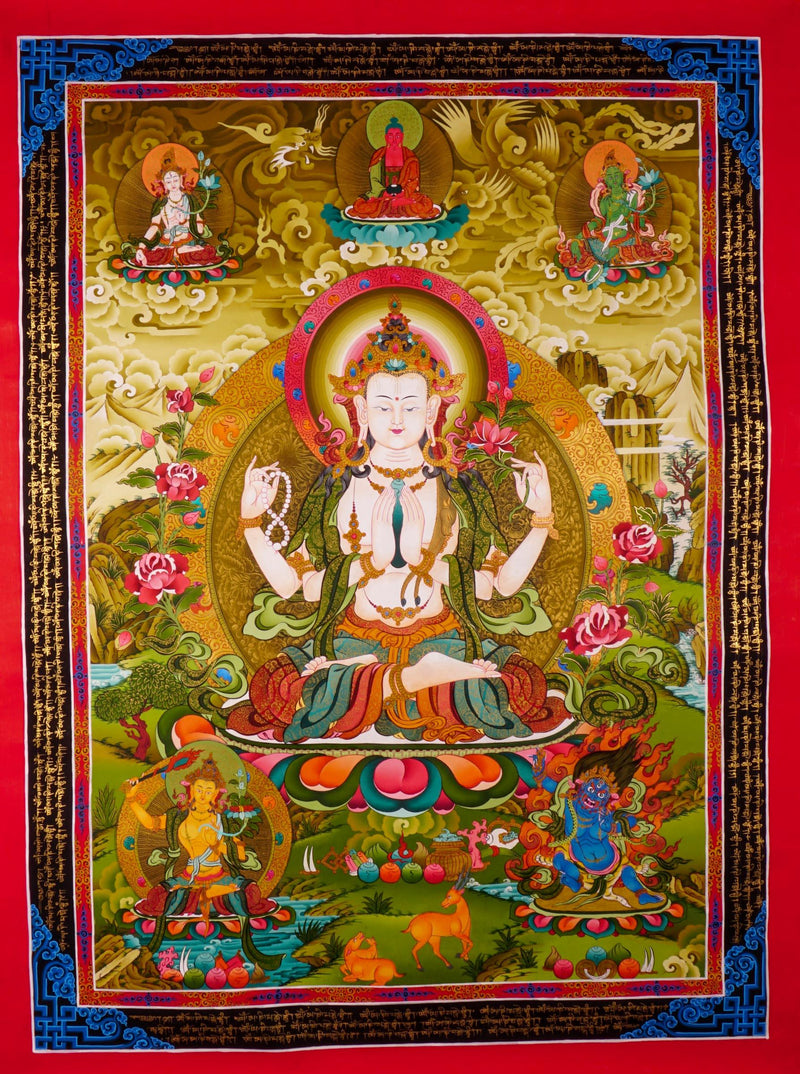 Chenrezig Thangka Painting with five deities